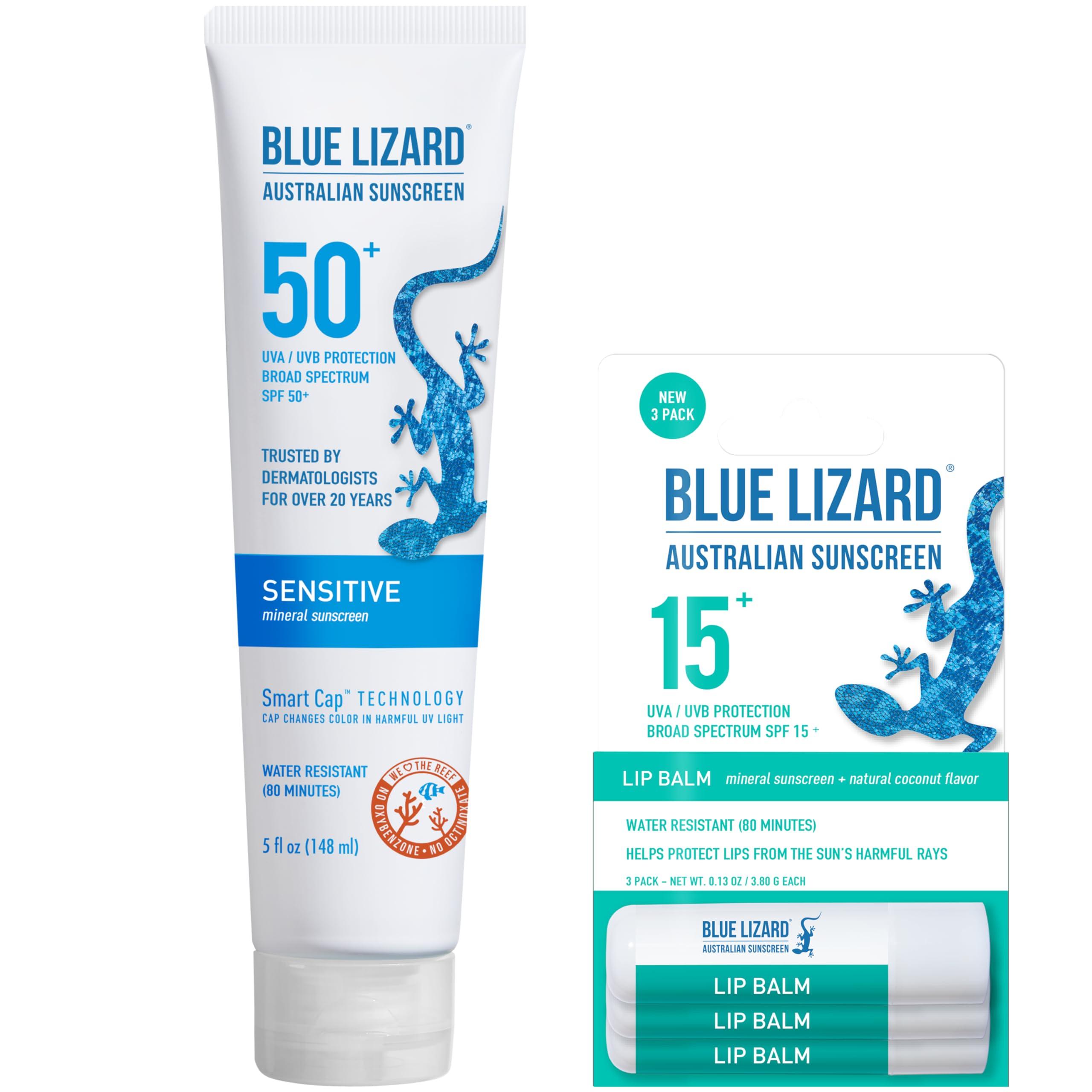 BLUE LIZARD Bundle of BLUE LIZARD Sensitive Mineral Sunscreen with Zinc Oxide Sensitive, SPF 50 5 Fl Oz + 3-Pack Blue Lizard Mineral SPF 15 Lip Balm:Natural Coconut Flavor, Each Tube 0.13 oz.
