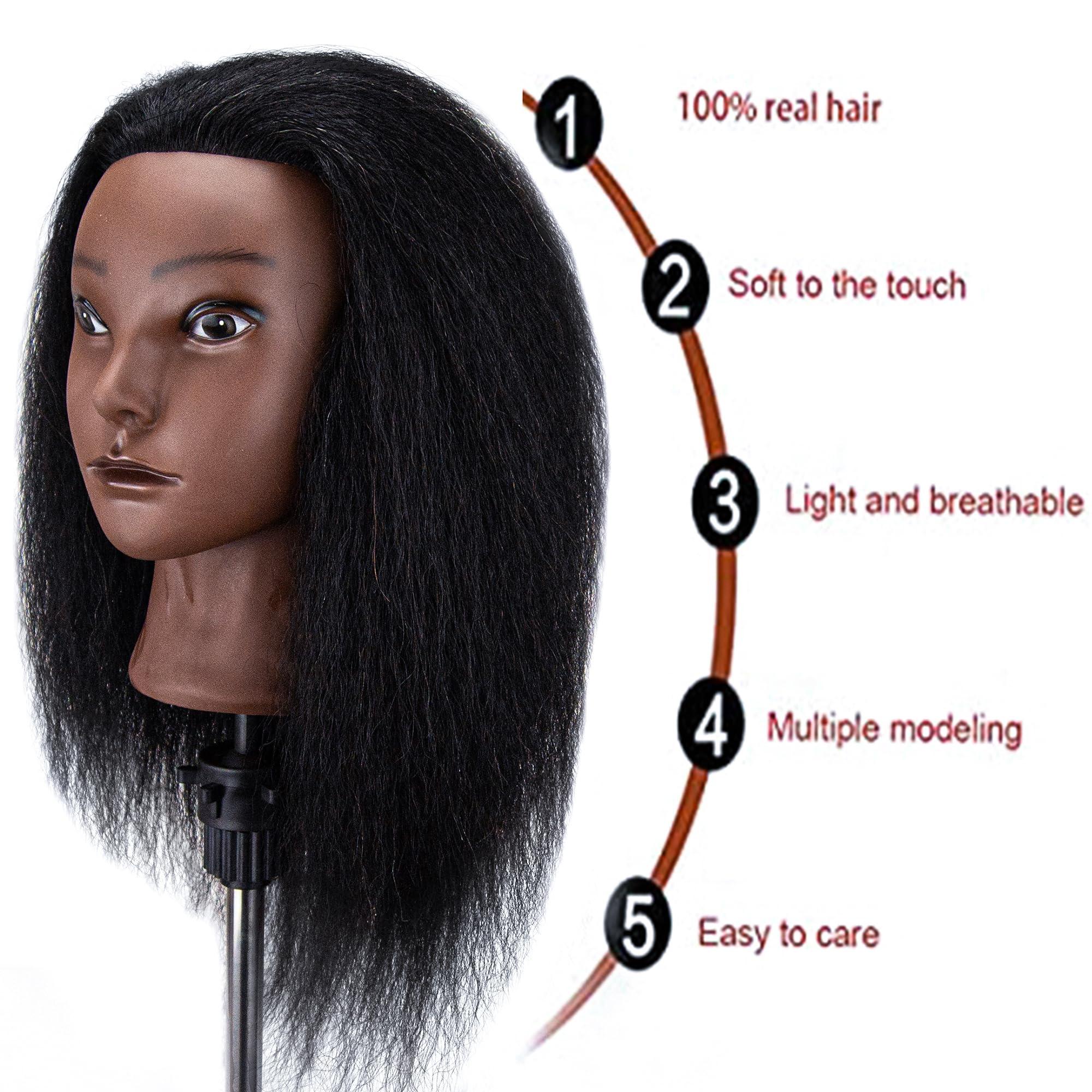simnient Mannequin Head with 100% Human Hair Mannequin Head Curly Cosmetology Afro Mannequins Heads with Stand for Practice Braiding Styling Training Head Hair Styling With Gift