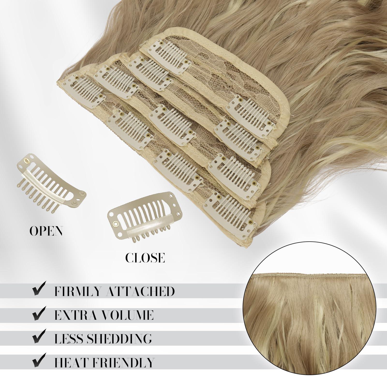 FESHFEN FESHFEN Clip in Hair Extensions 4 PCS Long Wavy Curly Thick Full Head Clip in Hairpieces Synthetic Natural Clip Hair Extension for Women, Dark Ash Blonde Mixed Bleach Blonde 20 inch