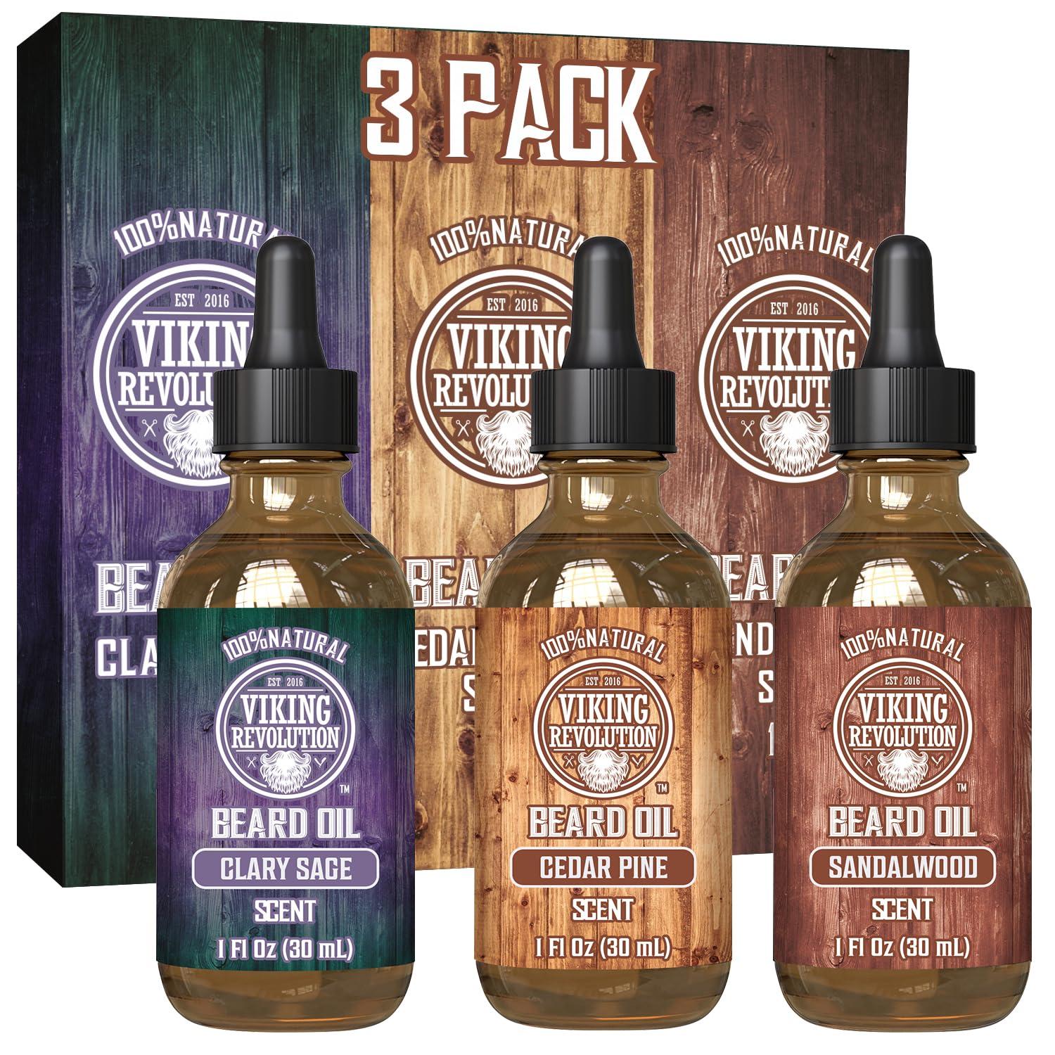 Viking Revolution Viking Revolution Beard Oil for Men 3 Pack - Natural Mens Beard Oil Variety Set - Sandalwood, Pine and Cedar, Clary Sage Scents - Beard Conditioning and Moisturizing for a Healthy Beard (3 Pack, 1oz)