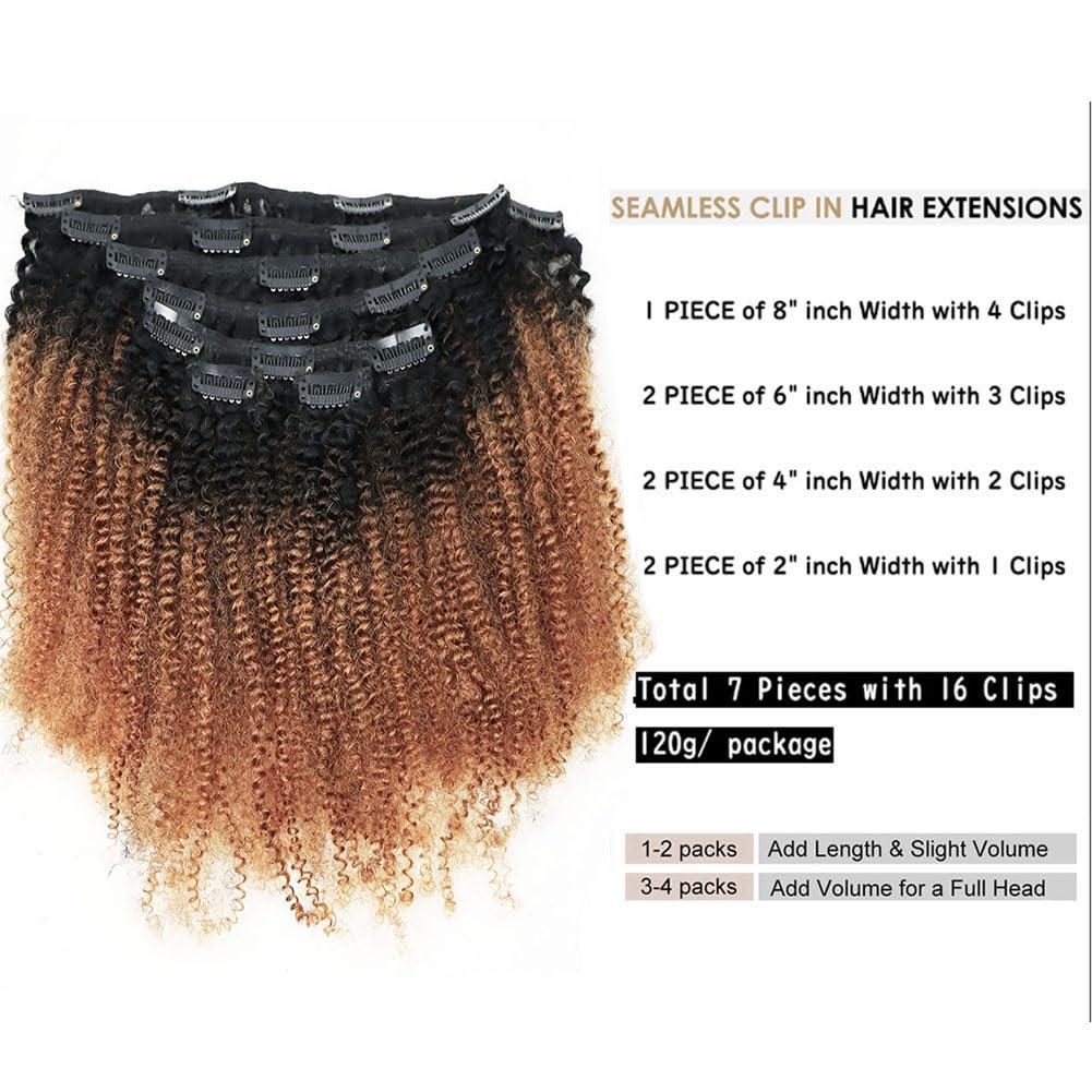 Kiss darling LASHES Ombr 1b/30 Afro Kinkys Curly Hair Extensions Clip In Natural Hair 4B 4C Kinky Curly Clip Ins Hair Extensions Human Hair For Women 2 Tone Auburn Brown #1b/30 8Inch