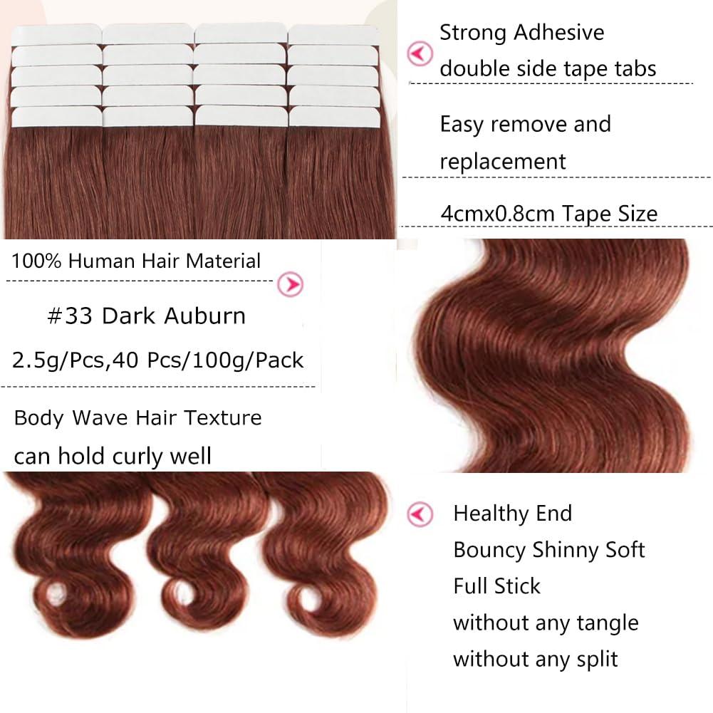 Kiss darling LASHES Body Wave on Hair Extensions Real Human Hair #33 Dark Auburn Human HairExtensions Long Wavy Invisible Double Sided Reusable PU Skin Weft 100g/40pcs Full Head 26inch