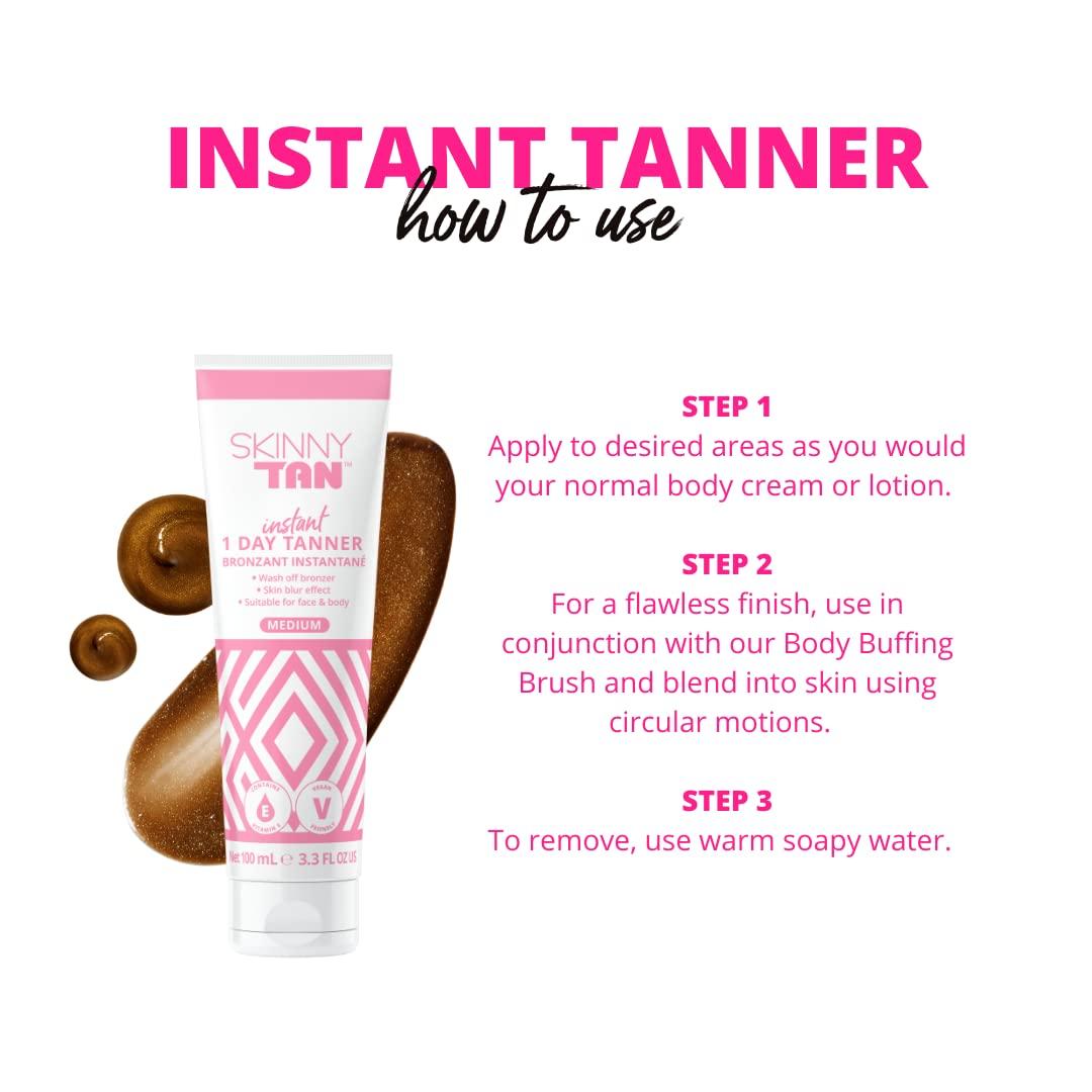 Skinny Tan SkinnyTan 1 Day Instant Tanner - Self Tanning Lotion for Face and Body - Skin-Perfecting Coverage with Delicious Scent - Easy Rinse - Medium - 3.3 oz
