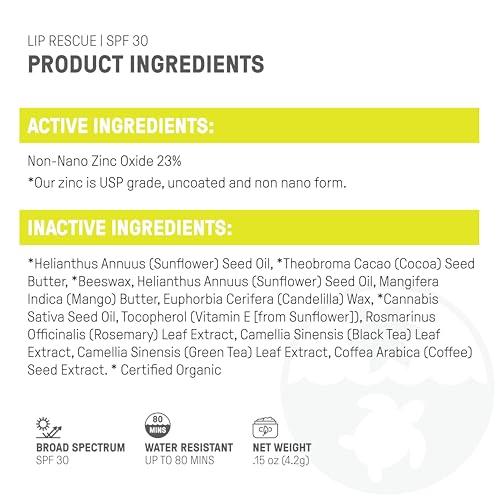 RAW ELEMENTS Raw Elements Organic Outdoor Sunscreen Lip Balm Rescue - SPF 30, UVA-UVB Protection, Reef-Safe, Non-Nano Zinc, Water Resistant, 0.15 oz (Pack of 1)