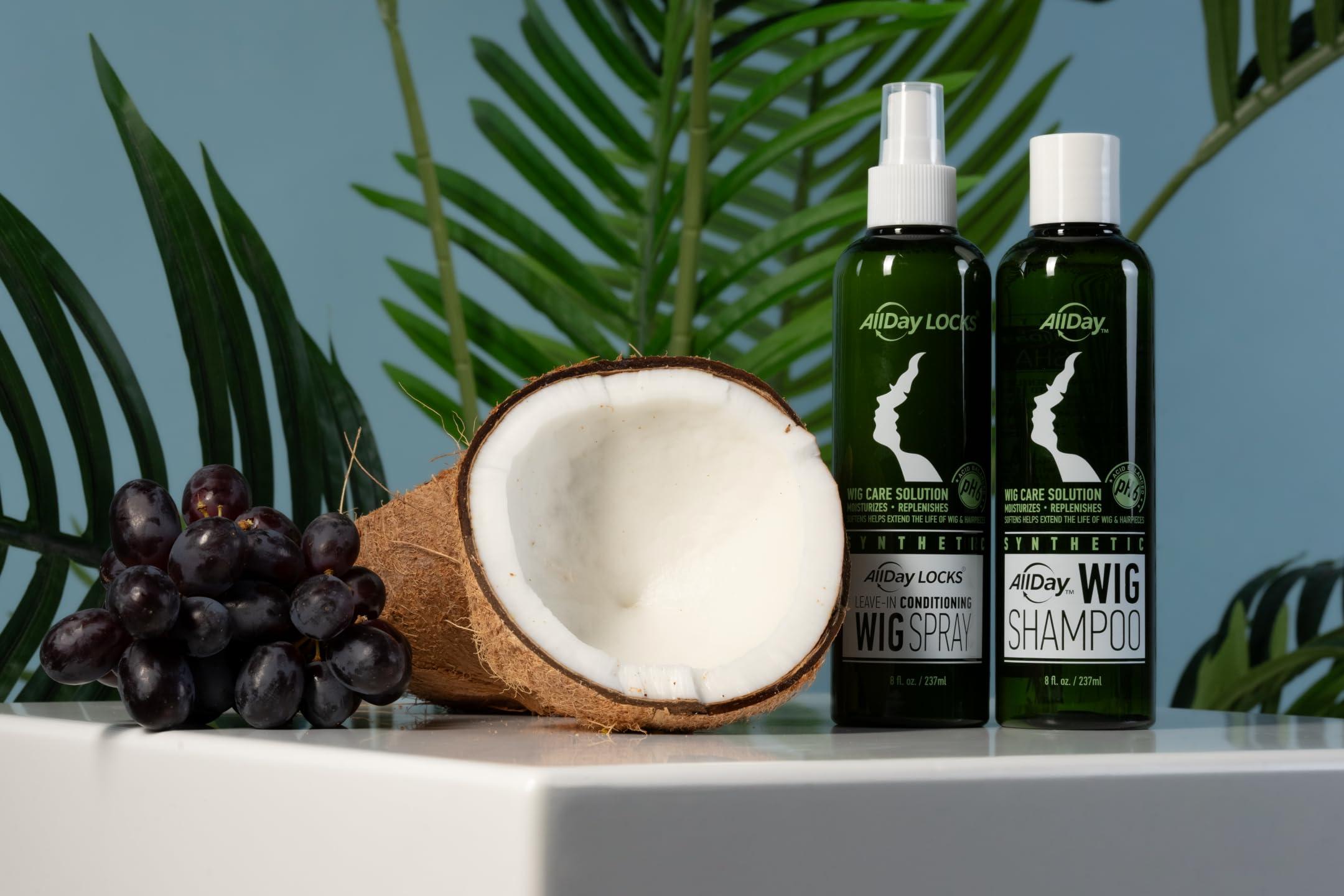 AllDay Locks AllDay Synthetic Wig Spray & Shampoo Bundle (8 oz Each) | Cleanse, Extend, Revitalize, Refresh, Soften, Hydrate, Detangle Wigs & Hairpieces | Grape Scent