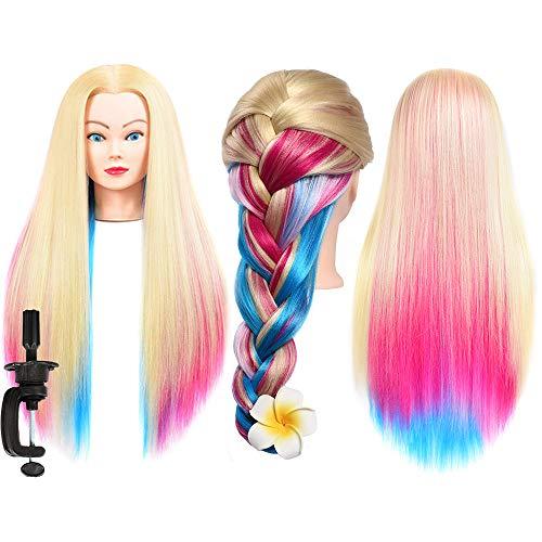 Mannequin Head Hair Styling Head for Hairdresser Practice Training Head Rainbow Hair Mannequin Head Cosmetology Doll Head with Synthetic Fiber Hair Braiding Head for kids Practice Head
