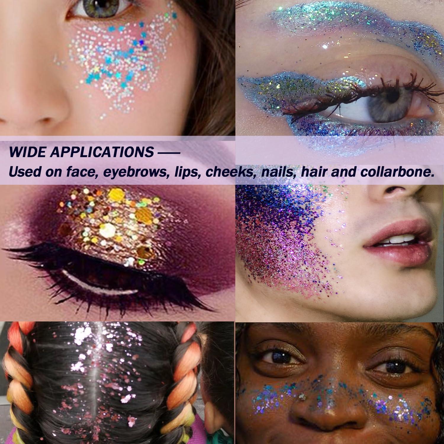 Unixing Body Glitter Gel for Face, Hair, and Makeup - Self-Adhesive Mermaid Sequins Paint - Chunky Glitter for Mardi Gras, Concerts, Music Festivals, Rave