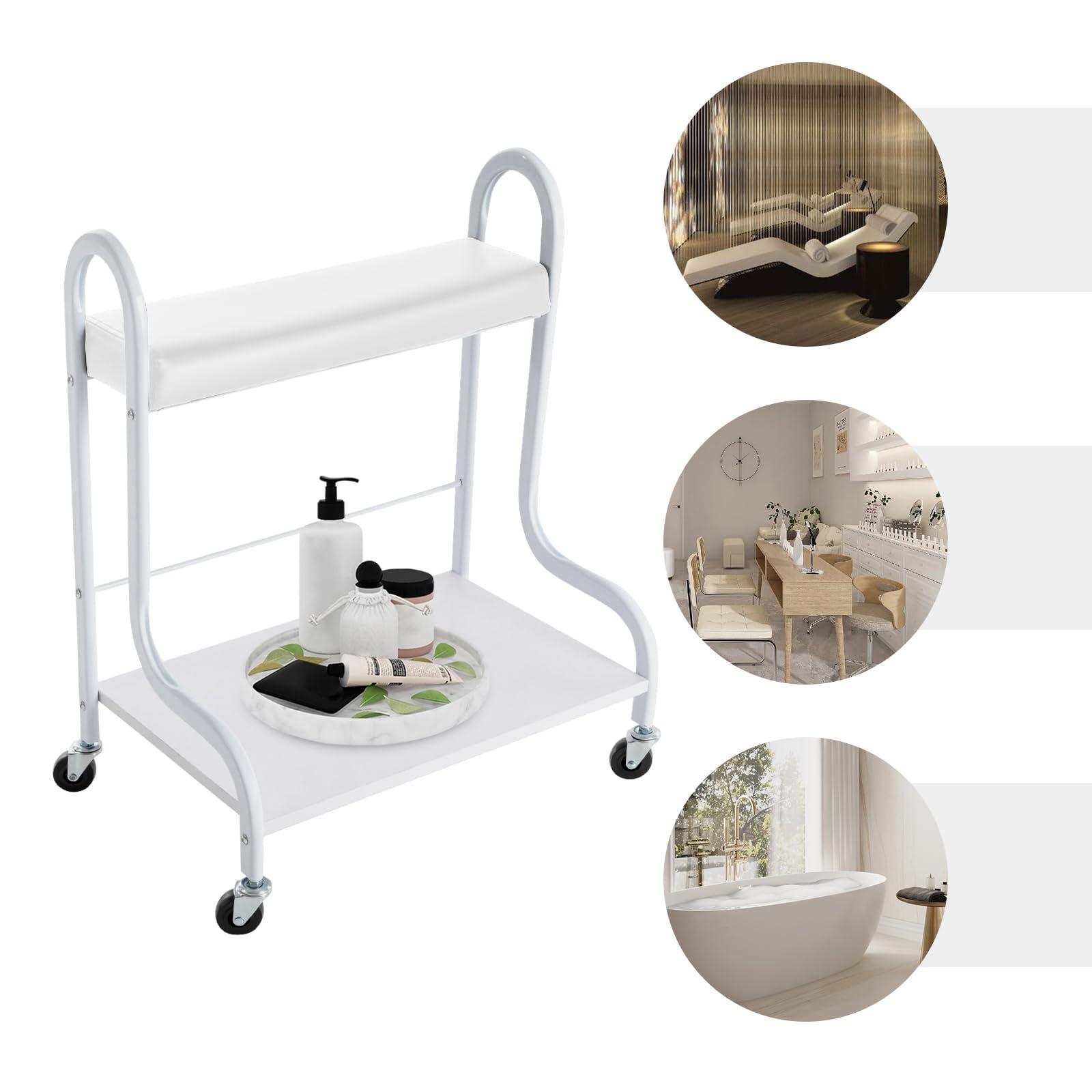 YUNLAIGOTOP YUNLAIGOTOP Rolling Trolley, Foot Rest Pedicure Manicure Funiture Massage Table with Wheels & Foot Pad, Beauty Salon Nail or Foot Bath Spa Portable Trolley Cart for Hair Salon, Family Bathroom (White)