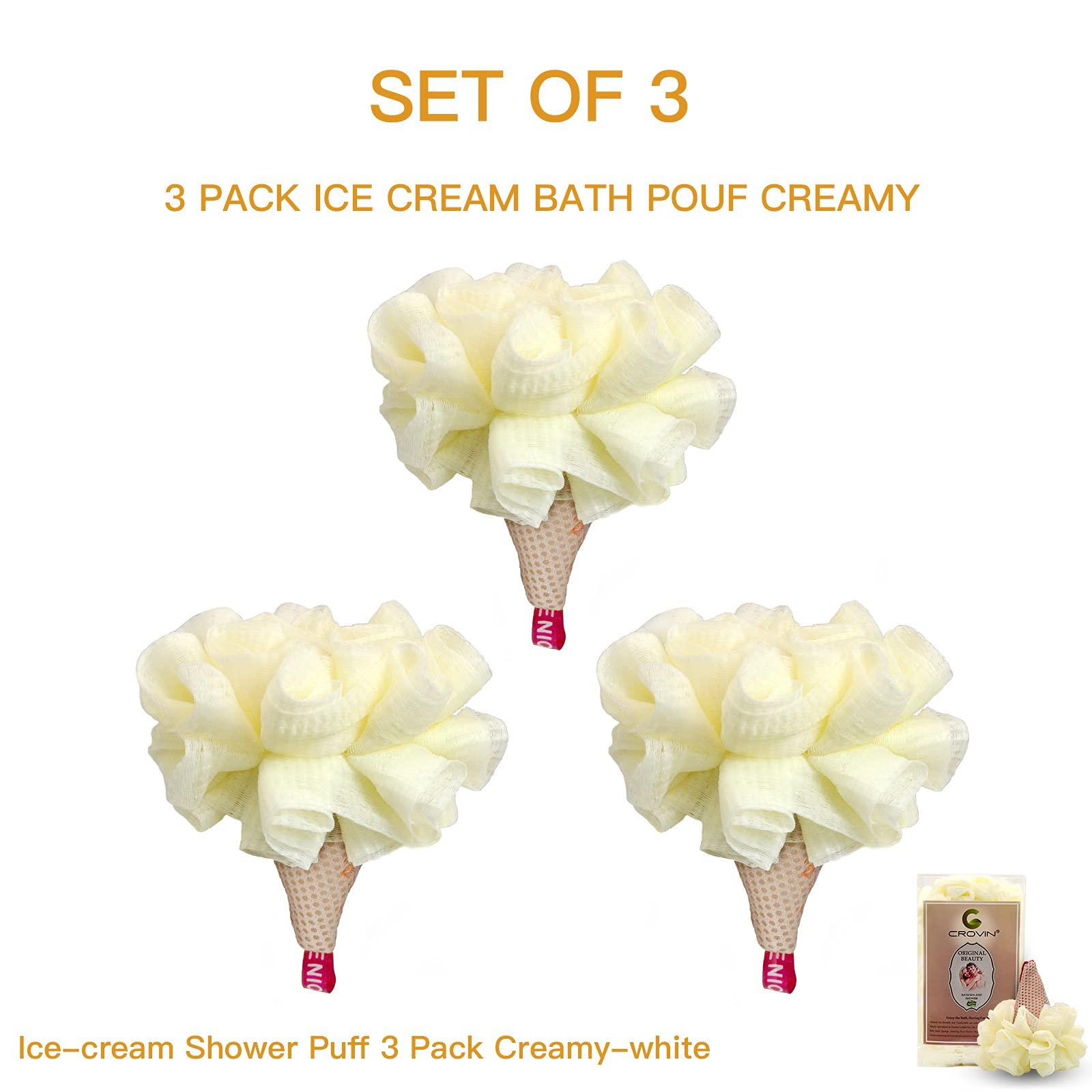 CROVIN CROVIN Ice Cream Bath Sponge Pouf (Set of 3)-Creamy White Soft Mesh Puff Exfoliating Shower Sponge Ball Body Scrubber For Adults, Children