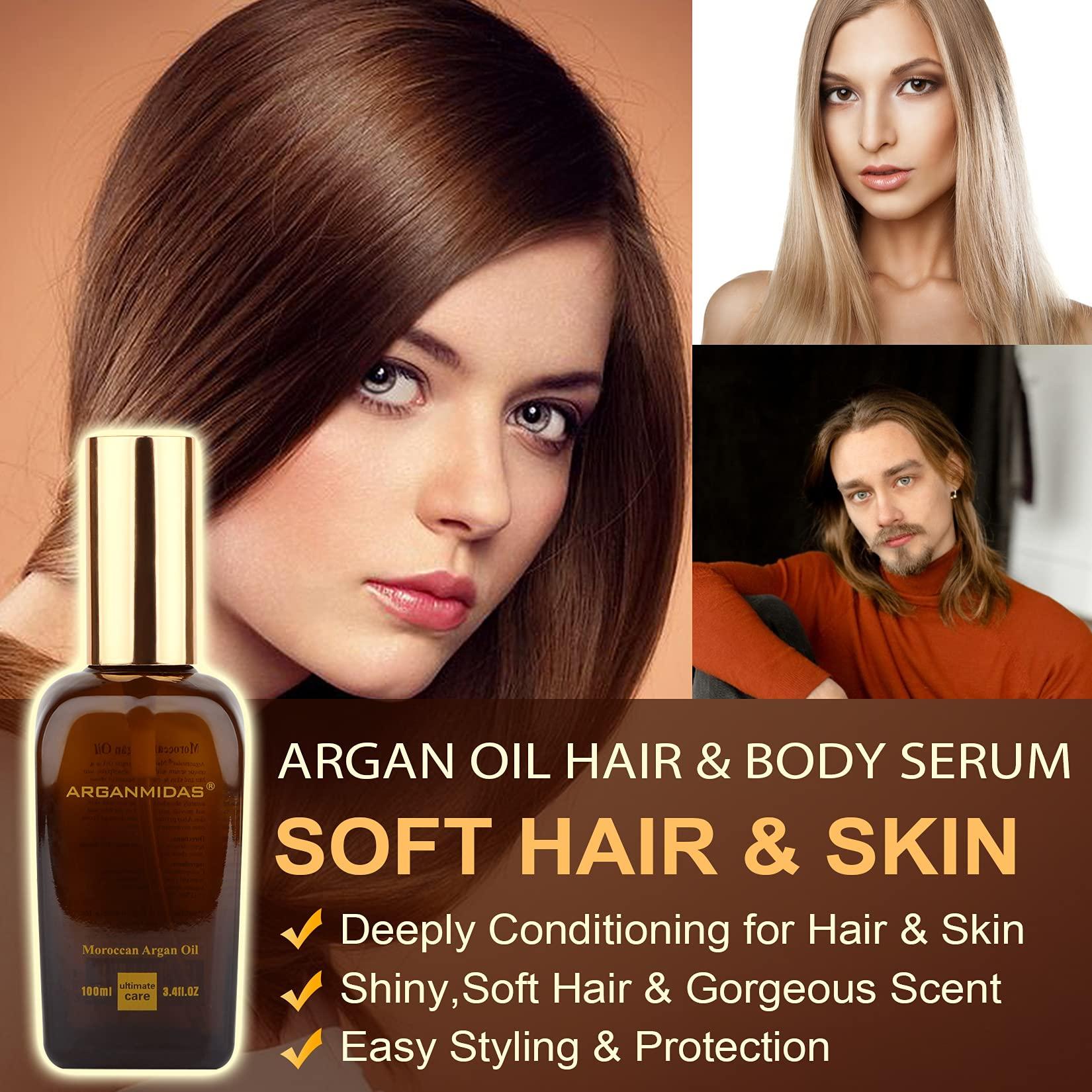 ARGANMIDAS ARGANMIDAS Hair Oils, Moroccan Argan Oil for Hair and Face Skin Moisturizer, Leave Hair Soft & Shiny, Hair Treatment oil for Men Women Dry Damaged Frizzy Hair, 3.4 Fl Oz