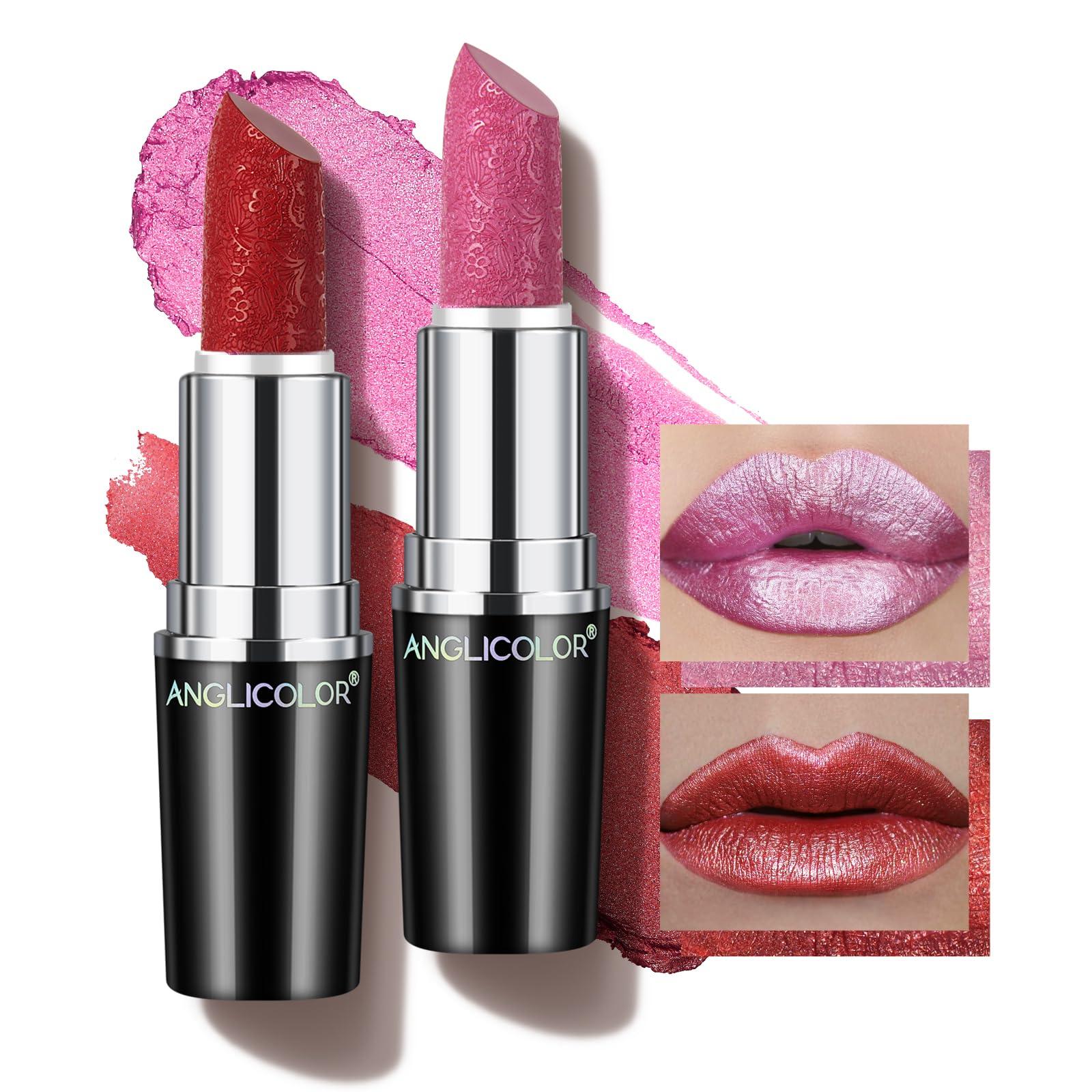 Anglicolor Anglicolor 2pcs Glitter Lipstick High Impact Lipcolor,Red and Pink Lipstick Moisturizing Creamy Formula,Metallic Lipstick For Women For Vegan & Cruelty-Free,Full-Coverage Lip Color