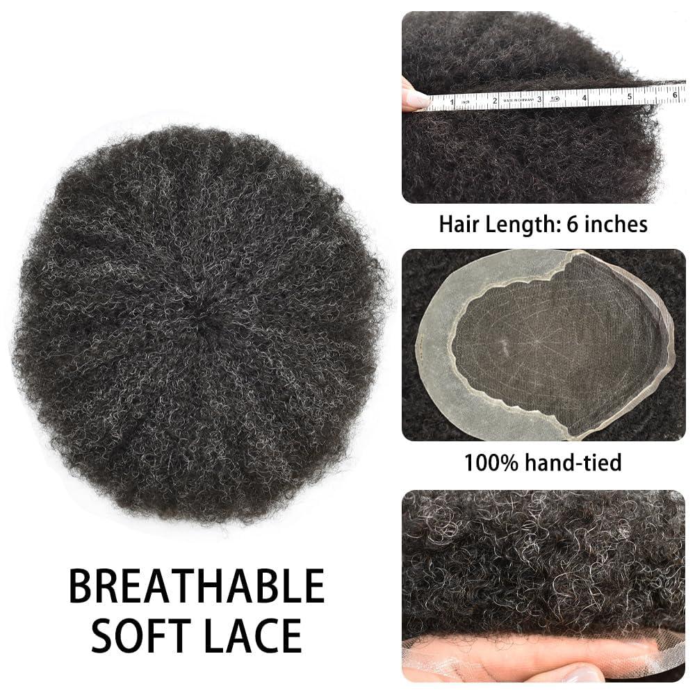WigVivid WigVivid Lace Front Afro Curl Toupee for Black Men African American Afro Kinky Curly Brazilian Human Hair Unit for Black Men Breathable Afro Mens Toupee 8x10 inch (#1B20 Off Black+20% Gray-6mm wave)