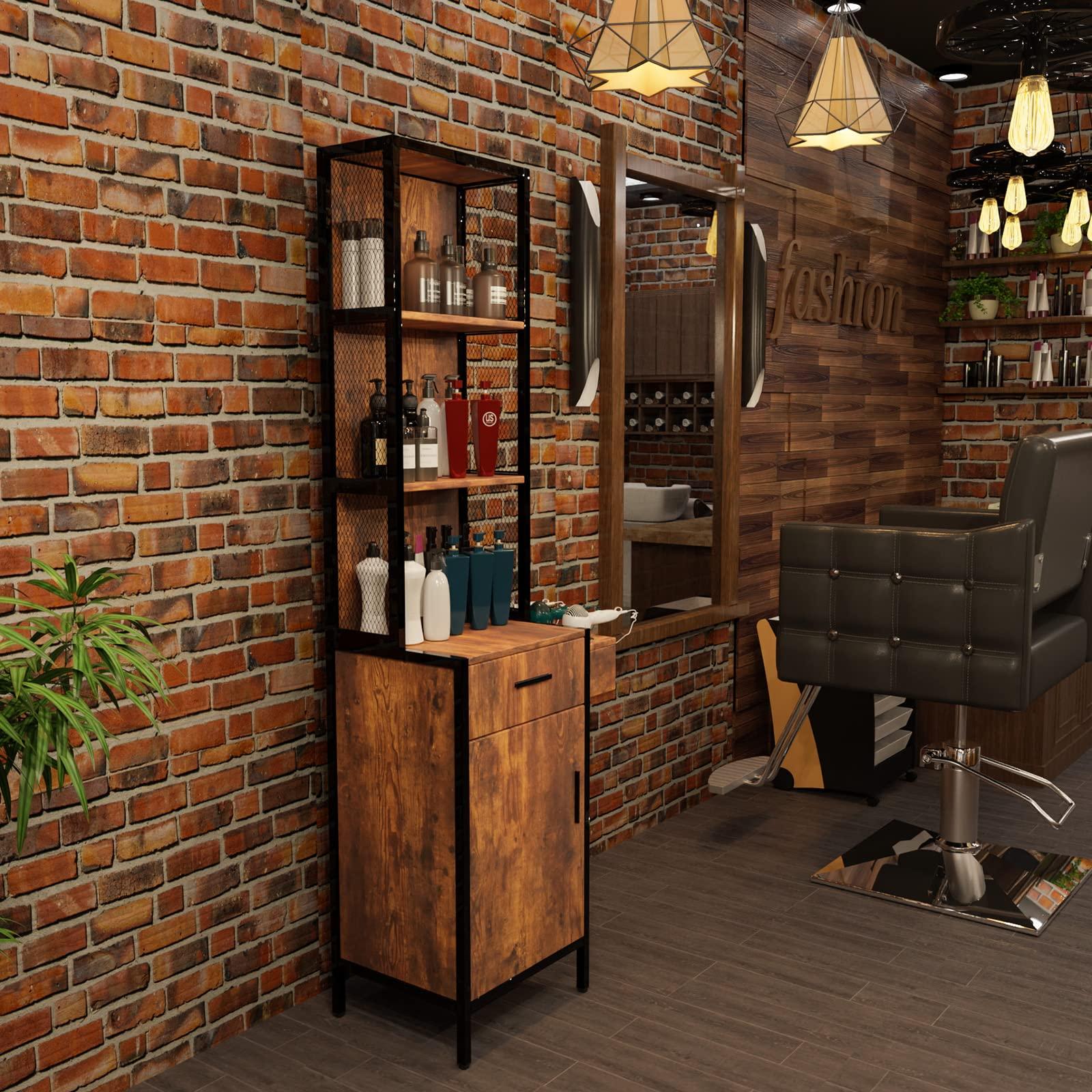 LEADZM LEADZM Salon Station for Hair Stylist, Wall Mount Barber Stations, Hair Styling Storage Cabinet with 3-Tier Open Shelves,1 Drawer, 1 Cabinet & 3 Hot Tool Holders,Rustic Brown