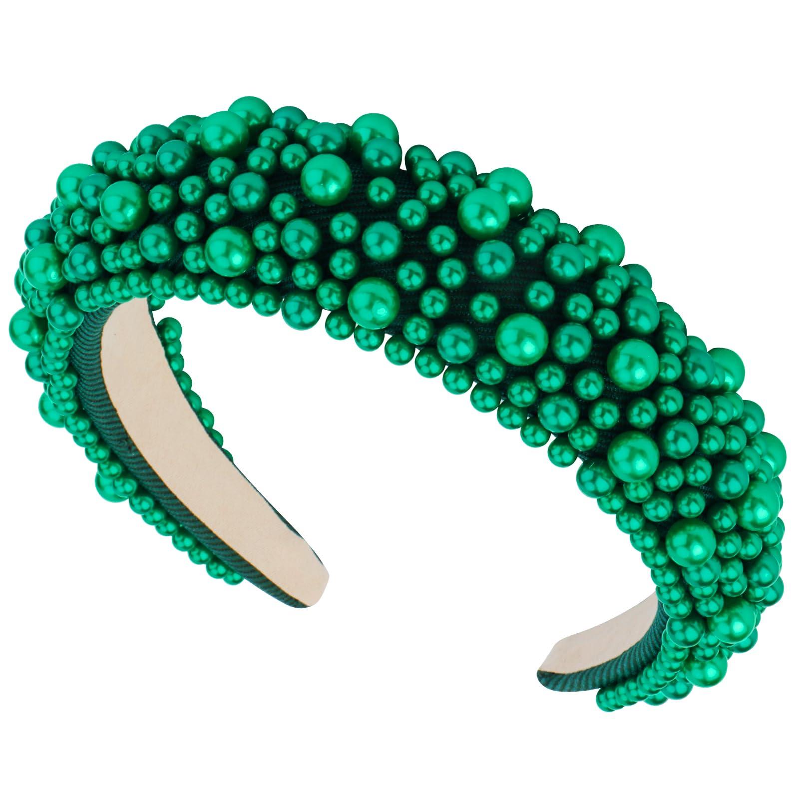 Hapdoo Hapdoo Dark Green Pearl Headbands for Women, Wide Padded Hair Hoop with Faux Pearl for Bridal, Bling Wedding Hairbands Hair Accessories for Women Girls