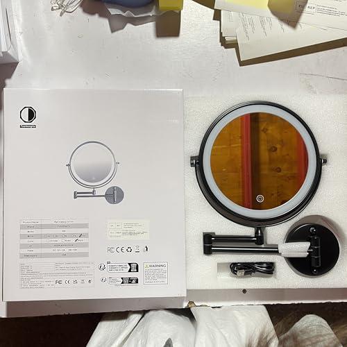 TUSHENGTU 9\" Large Black Wall Mount Magnifying Mirror With Light, TUSHENGTU 3000mAh Rechargeable Lighted Makeup Vanity Mirror Wall Mounted Swing Arm,10X/1X Magnifying Vanity Mirror for Bathroom 360Double Sided