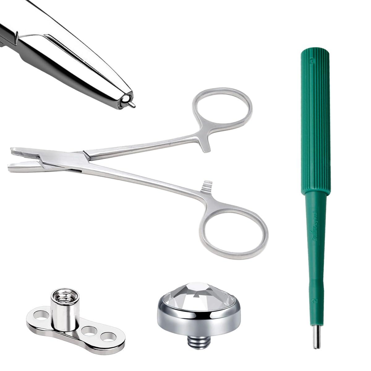 Satix Satix 4PCS Dermal Piercing Kit, 14G Dermal Tops 4mm CZ, Dermal Base 2mm Raise, Dermal Punch 2mm, Micro Dermal Anchor Tube Insertion Hemostat Forceps 6\" for Surface Skin Piercing Jewelry
