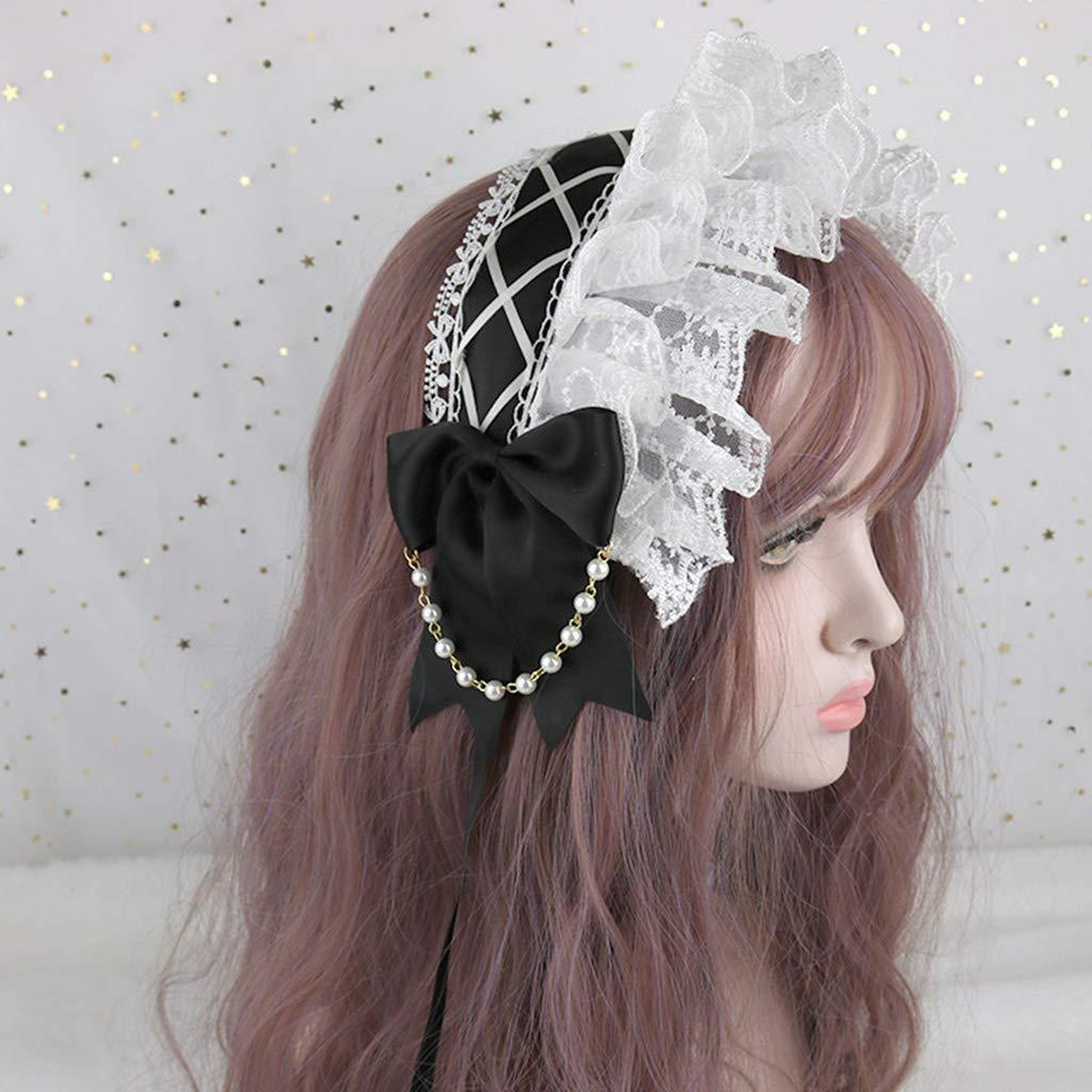 SANGHAI SANGHAI Women Bandana Lolita Ruffled Lace Headband Crisscross Ribbon Bow Pearls Chain Maid Hair Band Light Blue