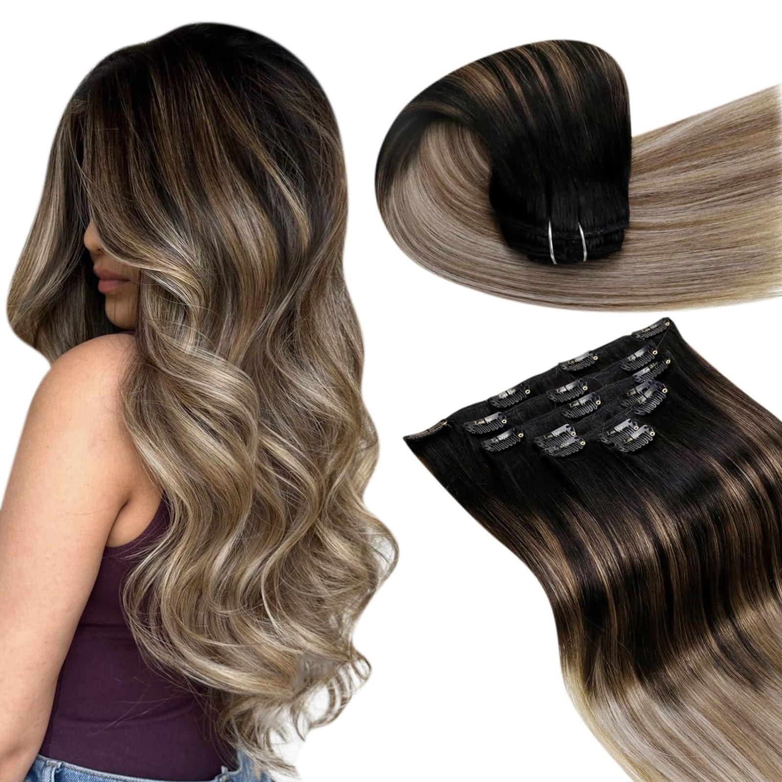 LaaVoo LaaVoo Clip in Hair Extensions Black Ombre Real Human Hair Clip in Extensions Ombre Black to Light Brown Balayage Light Blonde Human Hair Extensions Clip ins for Short Hair 12 Inch 5pcs 80g