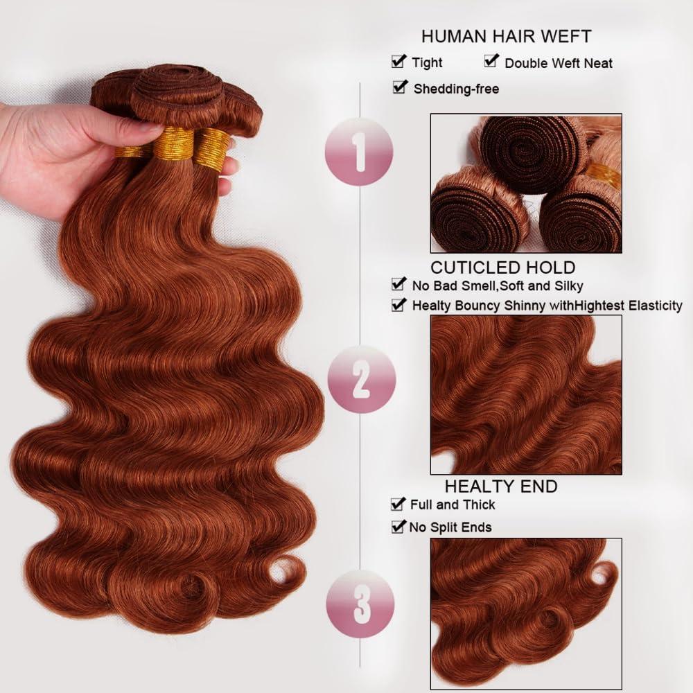 AuokMar AuokMar Copper Human Hair Bundles Reddish Brown, Body Wave, 14 Inch, 100g, Brazilian Virgin Remy, 1 Bundle, Sew In Hair Weave