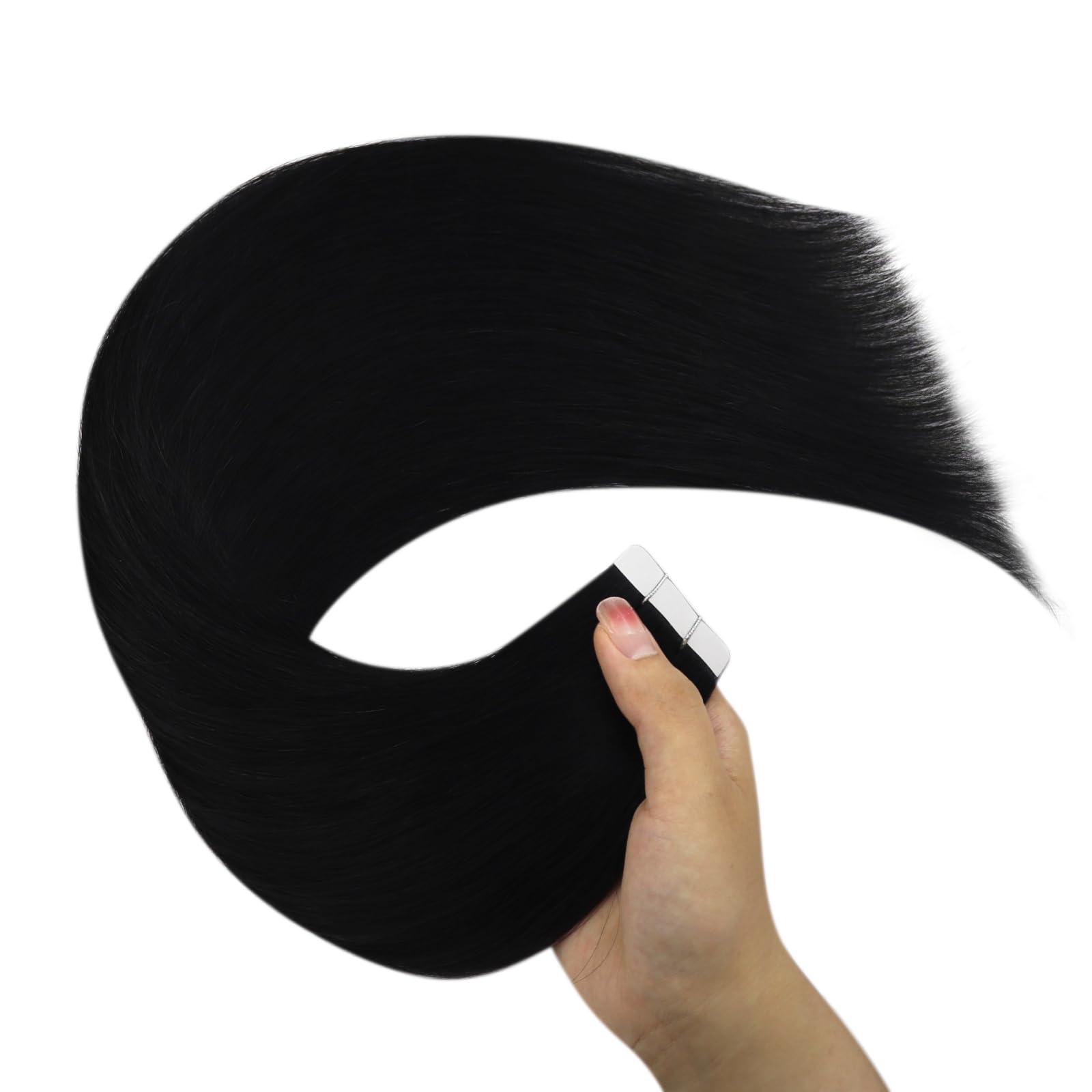 YoungSee YoungSee Black Tape in Hair Extensions Real Human Hair 14Inch Invisible Tape in Hair Extensions Human Hair Jet Black 50g Tape Extensions Human Hair Black for Women 20pcs Easy to Apply Hair Extensions