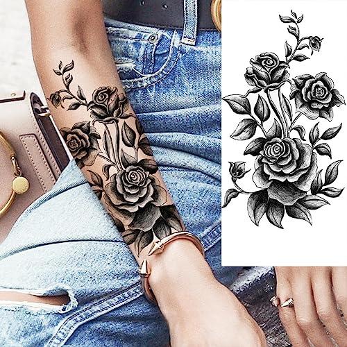 TTHUONG THATHU Black Floral Forearm Temporary Tattoos For Women Adult Girl Rose Flower Round Tattoo Sexy Body Art Washable Tatoos Decal