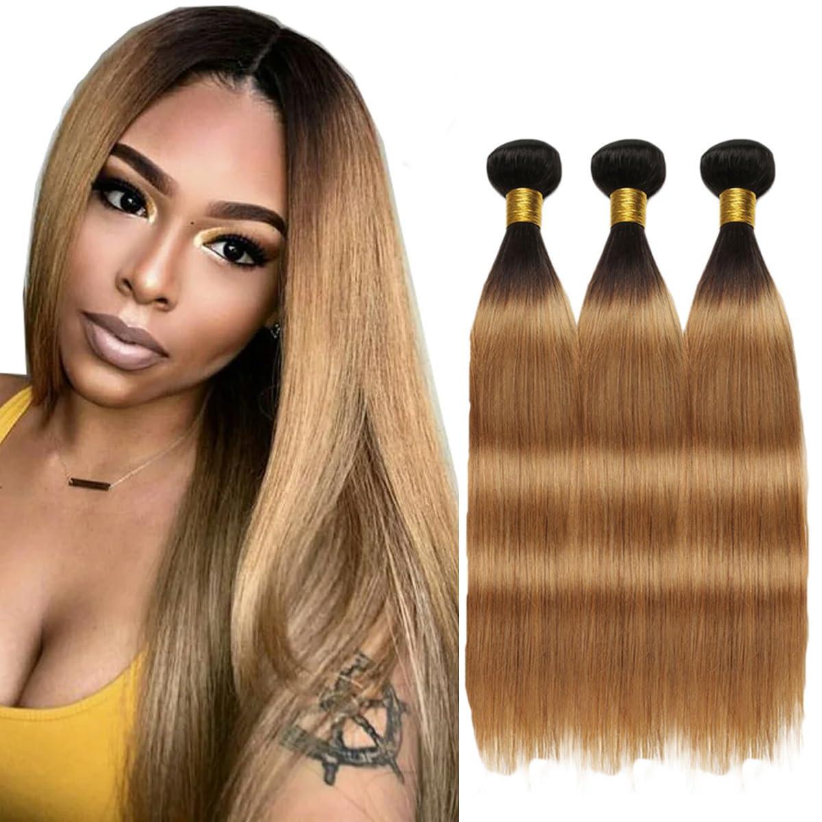 AuokMar 1B/27 Human Hair Bundles Blonde Straight Hunman Hair Bundles 1B27 Color Brazilian Honey Blonde Human hair bundles Ombre Two Tone 3 Bundles Unprocessed Virgin Hair Extensions 16 18 20 Inch