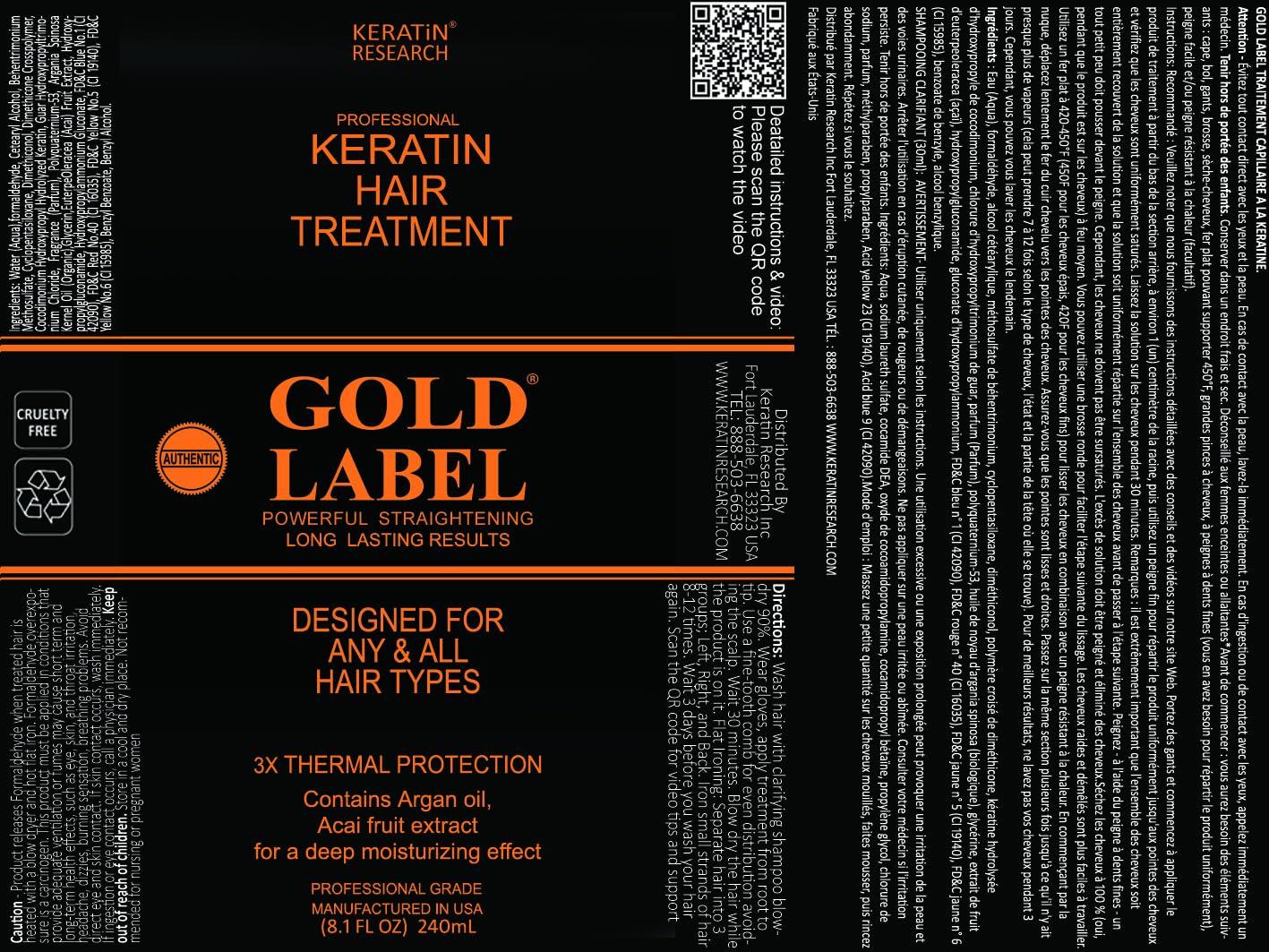KERATIN RESEARCH Gold Label Brazilian Keratin Hair Treatment Straightening works on All Hair Types Incl Coarse Thick Dry Frizzy Curly Bleached Dominican Brazilian Indian Strong formula Hair 240ml