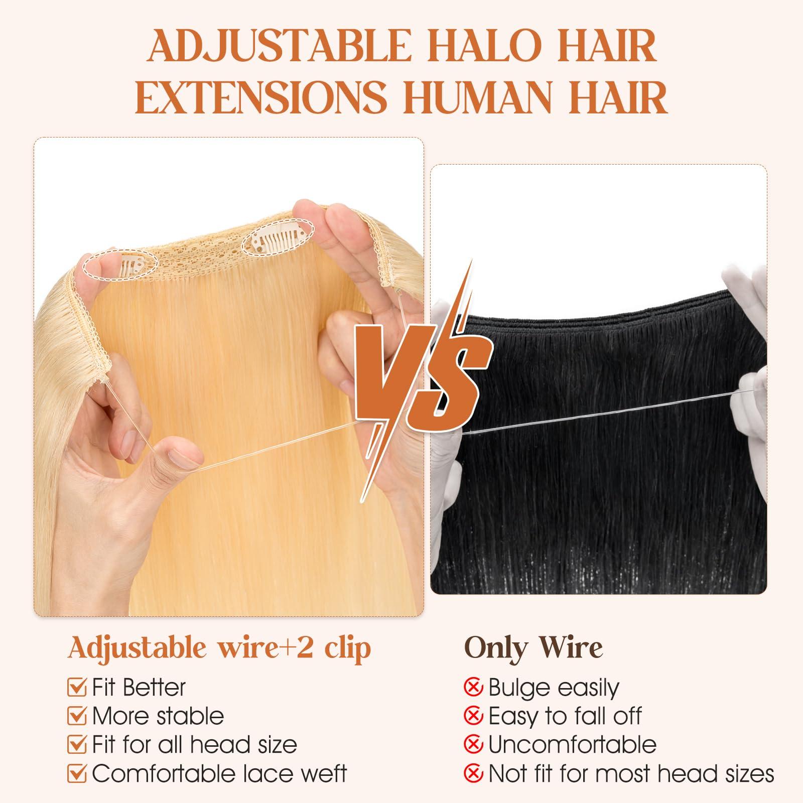 S-noilite Halo Hair Extensions Real Human Hair, S-noilite Hair Halo Extensions for Women 22inch Bleach Blonde Halo Hair Extensions Invisible Wire Hair Extensions with Adjustable Fish Line