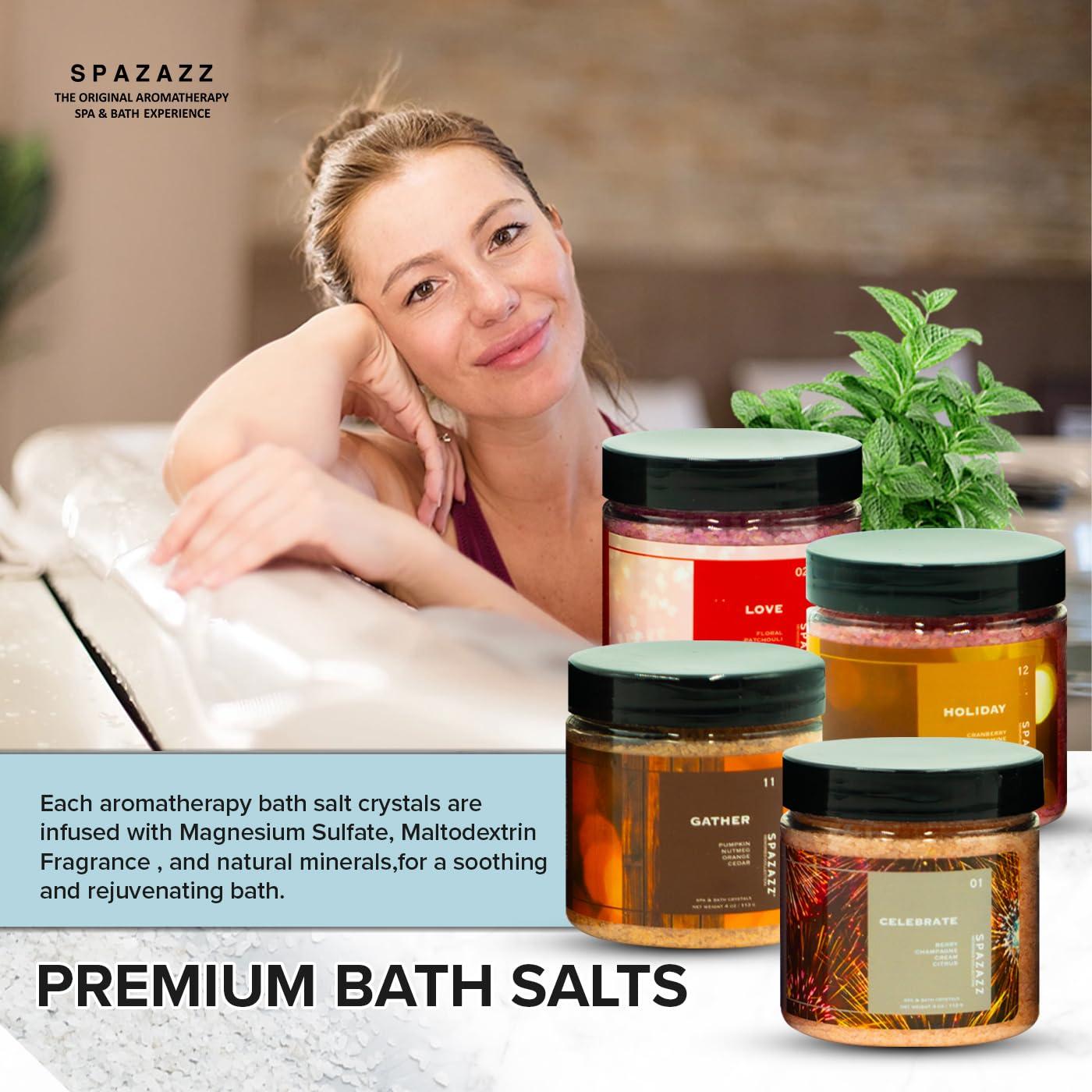 SPAZAZZ Spazazz Hot Tub Aromatherapy Memories Collection Bath Salts Set Four-4 Oz Pack - Love, Holiday, Celebrate, Gather - Spazazz Hot Tub Crystals and Bath Salts are Oil-Free & Safe for All Spas