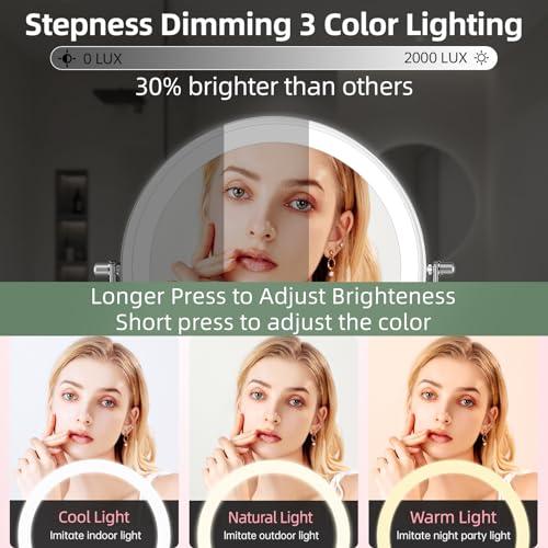 FUNTOUCH FUNTOUCH Wall Mounted Lighted Makeup Mirror, Rechargeable 8\" Double-Sided LED Make up Mirror 1X/10X Magnification, 3 Color Lights Dimmable 360 Rotation Wall Mount Mirror with Extension Arm and Hooks