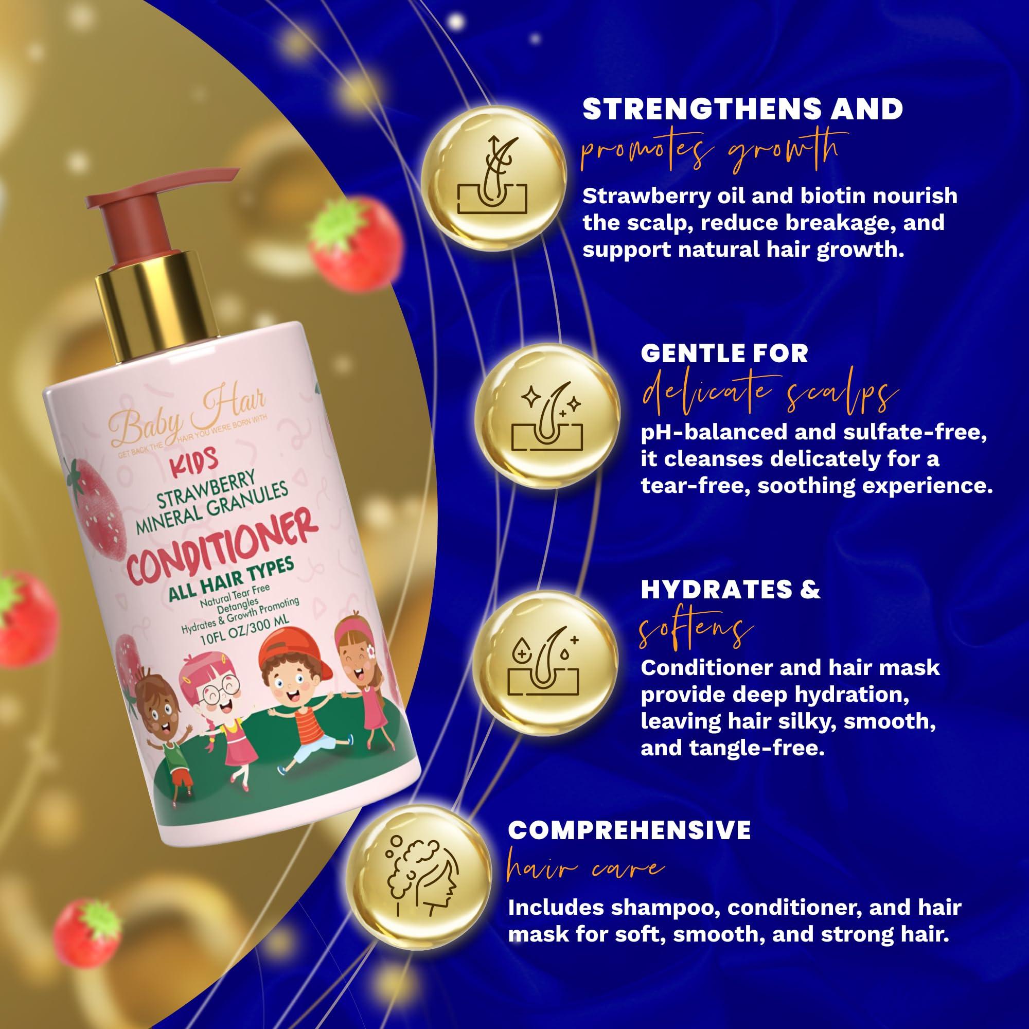 BABY HAIR Baby Hair - Strawberry Mineral Kids Hair Conditioner, Sulfate-Free Toddler Hair Conditioner, Hair Conditioner for Kids with Strawberry Oil, Camellia Oil, and Biotin, 10 fl.oz