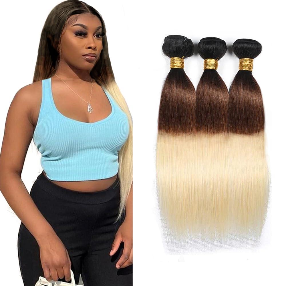 CnumGunm T1B/4/613 Bundles 613 Straight Human Hair Bundles Natural Black Straight Bundles 30 30 30 Inch 3 Bundles 3 Tone Color #4 Brown and 613 Blonde Bundles Human Hair Weave