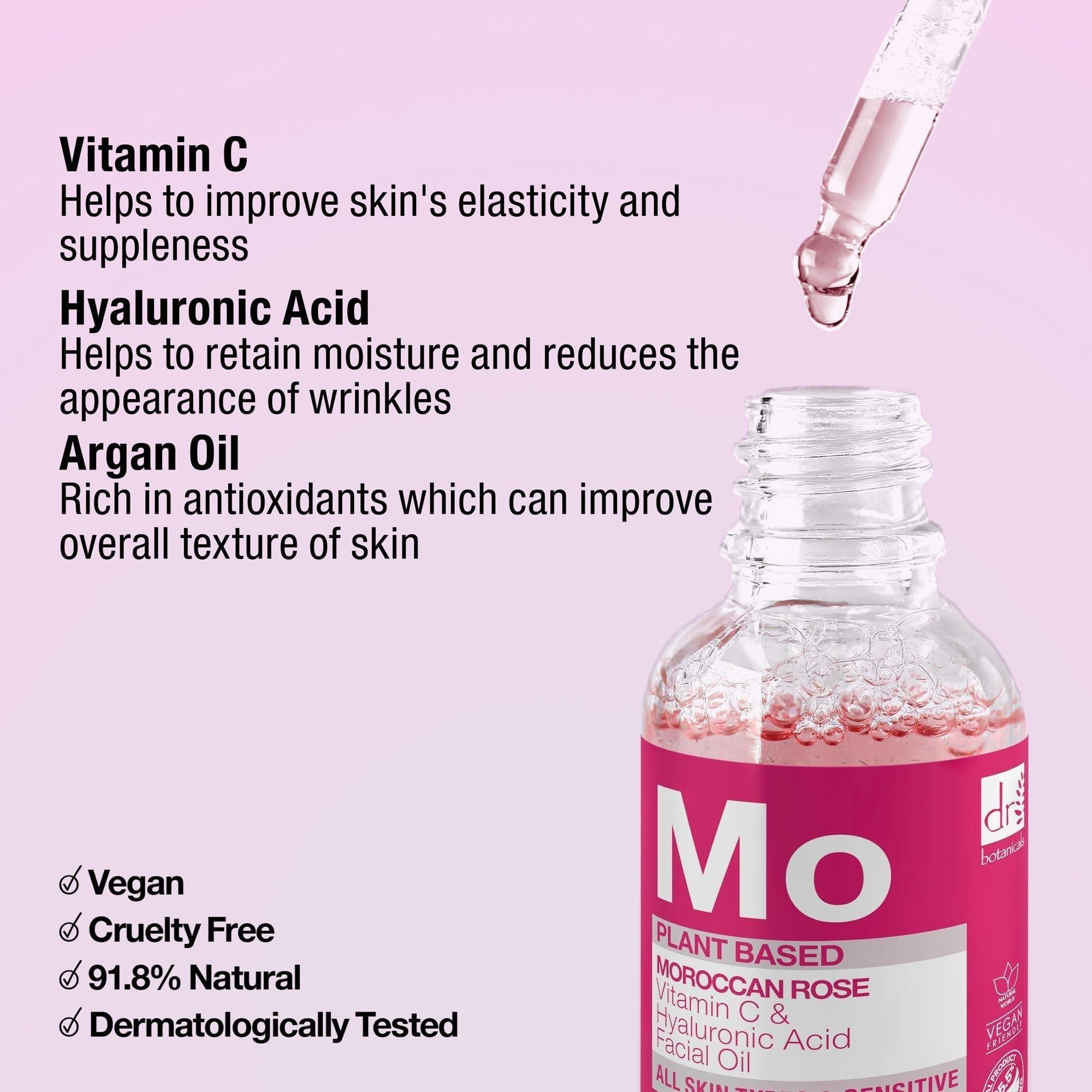 Dr Botanicals Dr Botanicals Moroccan Rose Oil -With Vitamin C & Hyaluronic Acid Anti-Ageing, Brightening & Hydrating Water-Based Serum - Glow-Boosting Facial Oil for Radiant Skin Made in UK 30ml