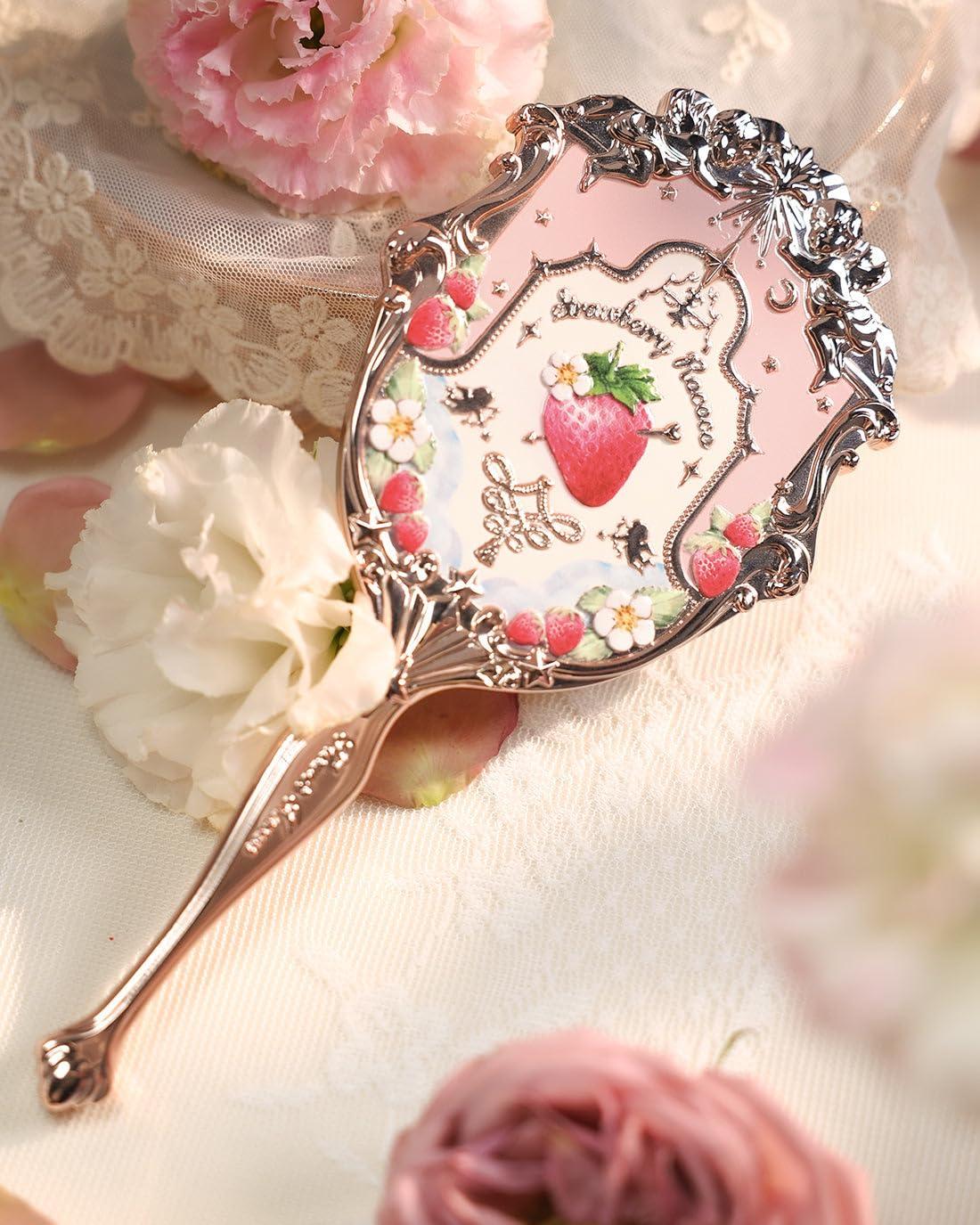 Flower Knows Flower Knows Strawberry Rococo Handheld Mirror,Portable Vintage Mirror,Durable Metal Mirror,Cute & Aesthetic Princess Mirror,with Long Handle for Easy Holding,Gift for Girls(Soft Pink)