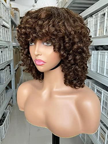 100% human hair Human Hair Curly Wig With Bangs Glueless Short Bob Wigs Curly Wig For Black Women Quality Wig Machine Made Wig With Bangs (8 inches, #2) (8 inches, Color 2)