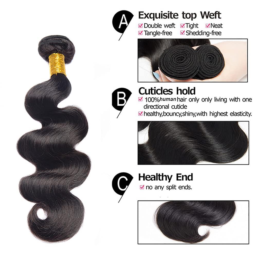 NecvDcvs 22 24 Inch Body Wave Bundles Human Hair #1B Body Wave Human Hair Weave 2 Bundles 100% Unprocessed Brazilian Virgin Hair Body Wave Bundles Human Hair Extensions for Black Women