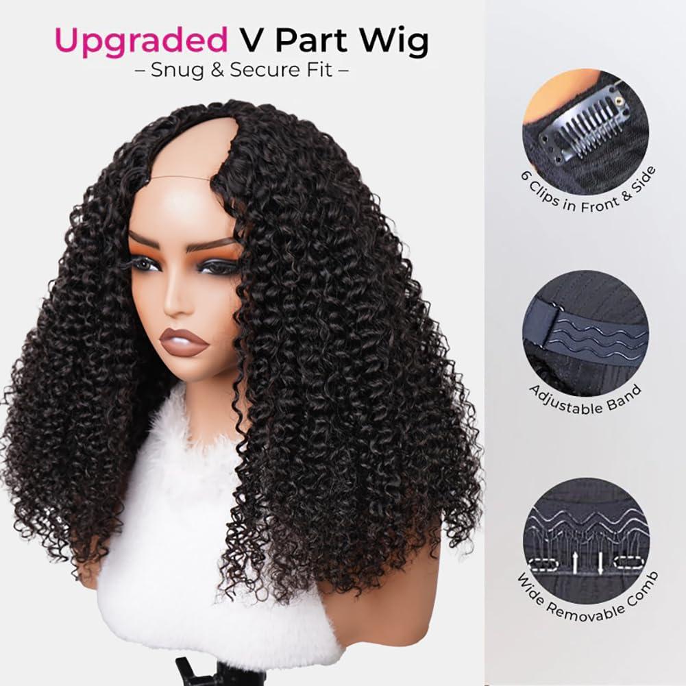 ISEE ISEE V Part Wig Human Hair Curly Minimal/No Leave Out Upgrade U Part Wig for Black Women Human Hair V Shape Wig Kinky Curly Thin Part Glueless Clip In Half Wig 180% Density Natural Color 26 Inch