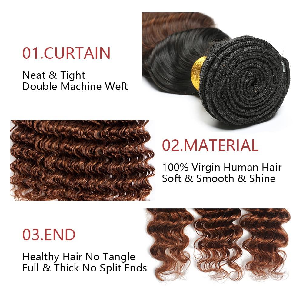 Seeuiegam Ombre 1b30 Deep Wave Human Hair 3 Bundles 24 26 28 Inch Tow Tone Black To Brown Brazilian Remy Hair Grade 8A Human Hair Weaves 3 Bundles Deep Wave Hair Bundles For Women