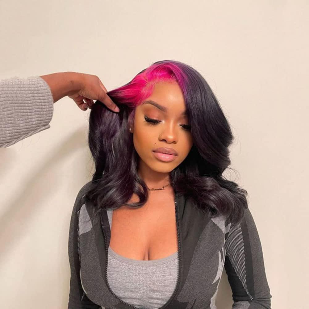 Anlimer Ombre Pink Black Lace Frontal Human Hair Wigs Pre Plucked 13x4 Lace Front Wig Human Hair Glueless Remy Body Wave Lace Wig 150 Density 20 Inch