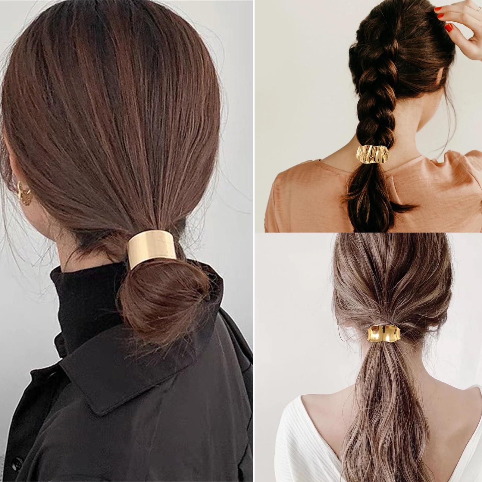 Yilotosnice Metal Hair Tie, Gold Ponytail Cuff, Gold Hair Cuffs, Gold Hair Ties, Gold Hair Tie Cuff For Thick Hair, Gold Hair Accessories For Women (4PC-A)