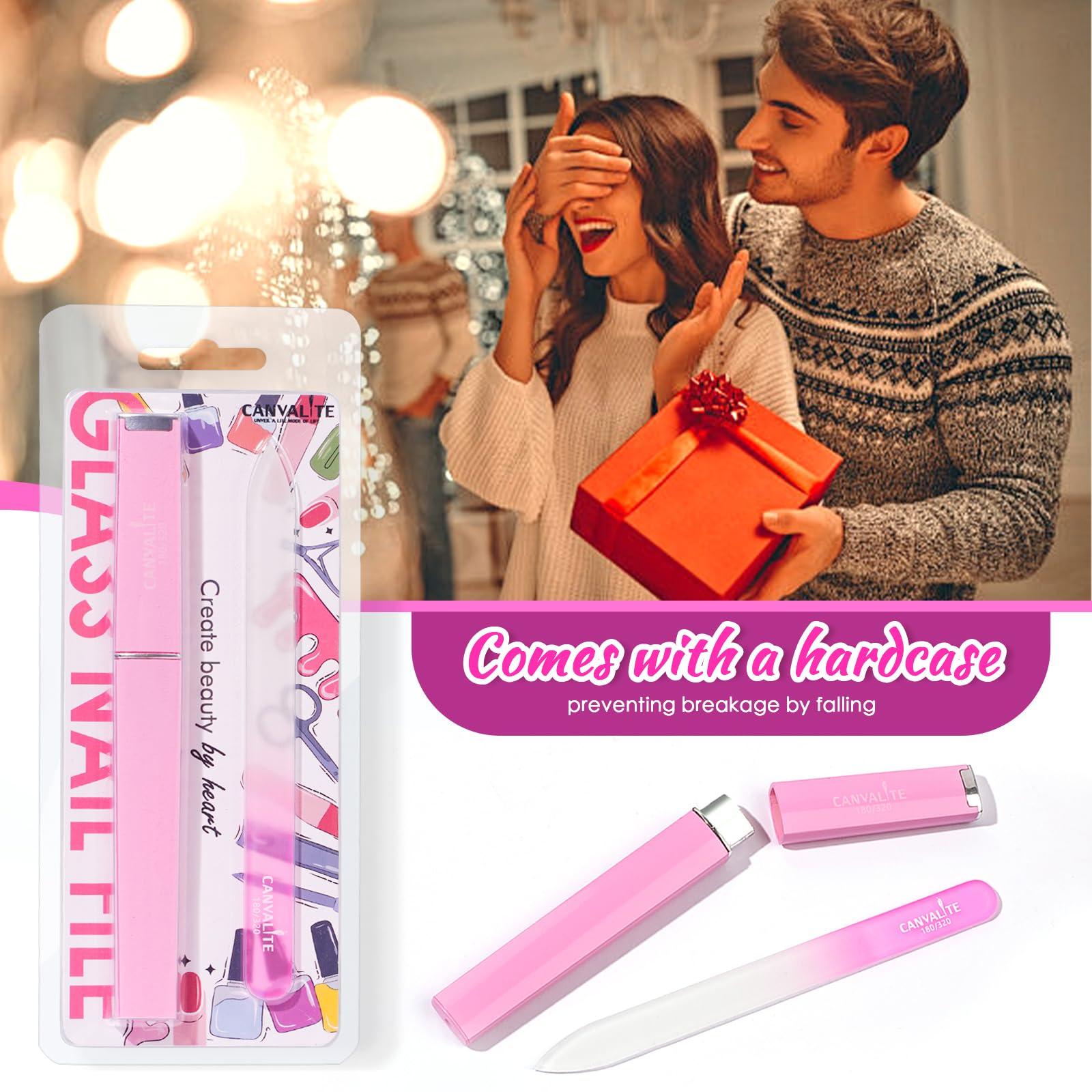 CANVALITE CANVALITE Glass Nail Files for Natural Nails Glass Fingernail File with Case Double Sided 180/320 Grit Stocking Stuffers for Women Girls, Pink