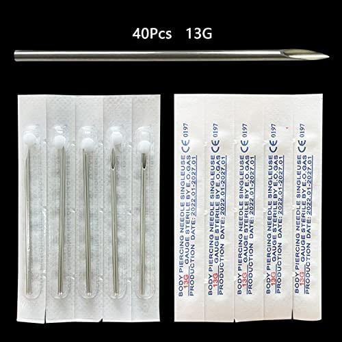 WOLAYI Piercing Needles,40PCS 13G Stainless Steel Sterile Disposable Surgical Steel Piercing Needles for Belly Navel Nipple Tongue Ear Piercing Needle(13G)