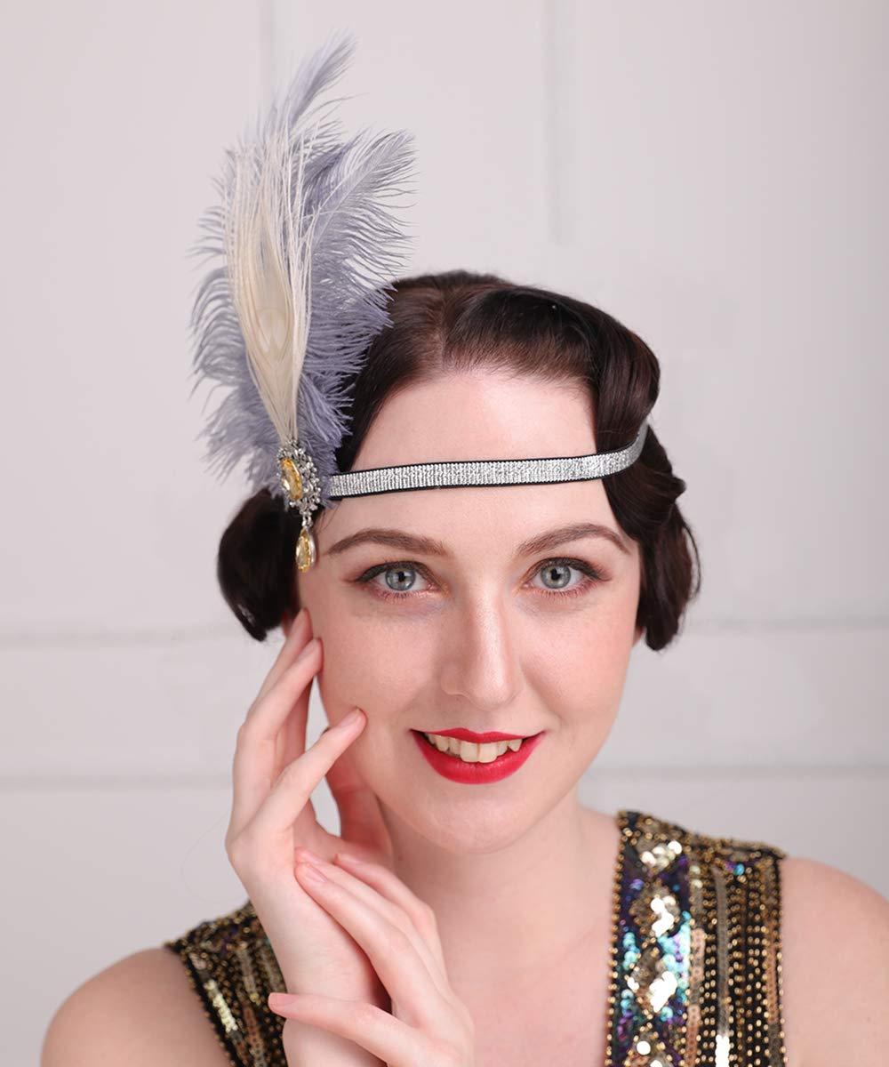 Aimimier Aimimier 1920s Flapper Peacock Feather Headband Gray with Elastic Band Crystal Teardrop Costume Themed Party Feather Headpiece Hair Accessories for Women
