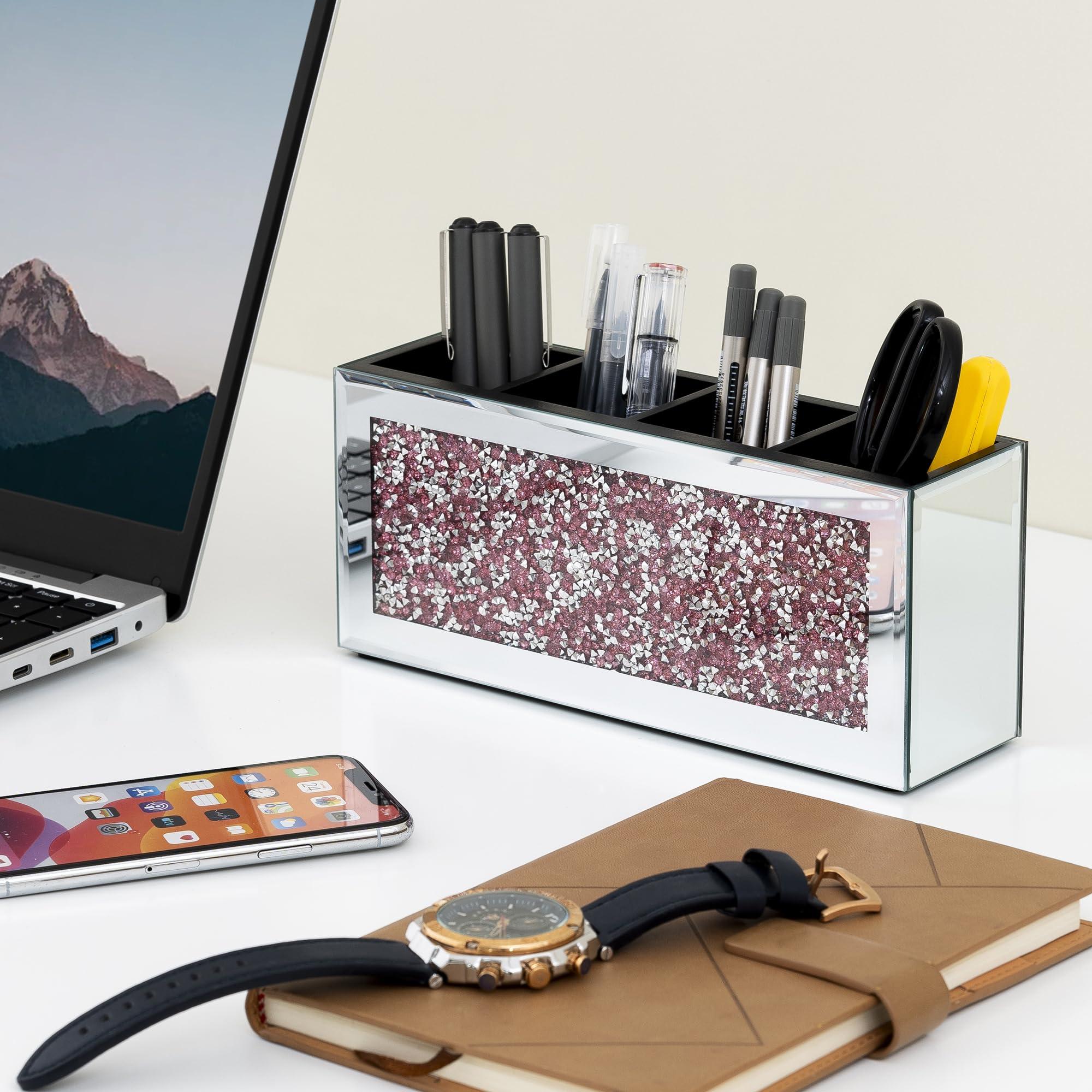 SHYFOY SHYFOY Mirrored Makeup Brush Holder, 4-Compartment Makeup Organizer with Pink Crushed Diamond, Vanity Cosmetics Organizer Solution, Pencil Holder Organizer for Desk