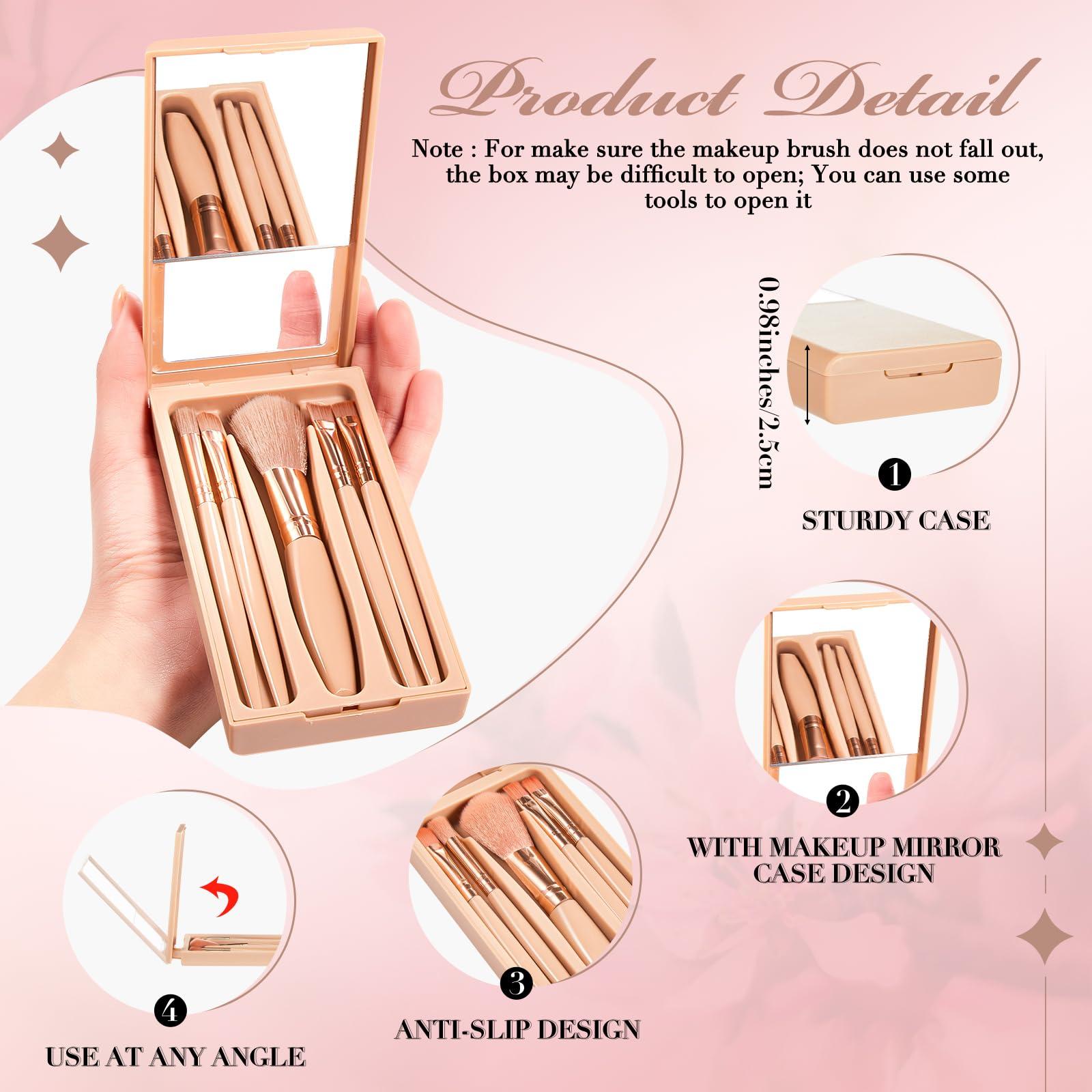 FoldTier 6 Sets 30 Pcs Travel Makeup Brush Set Mini Makeup Brushes with Hard Case and Mirror Small Complete Function Cosmetic Brushes Kit, Travel Essentials Kits for Women, Girls Gift(Apricot Color)