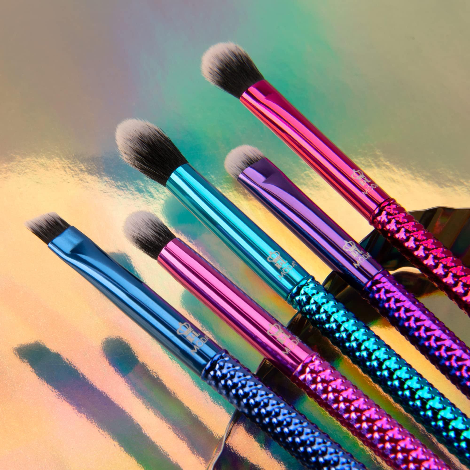 MODA MODA Pro 5pc Deluxe Eye Makeup Brush Kit, Includes - Shader, Crease, Detail, Smudger, and Liner Brushes (Multi-Colored Metallic)