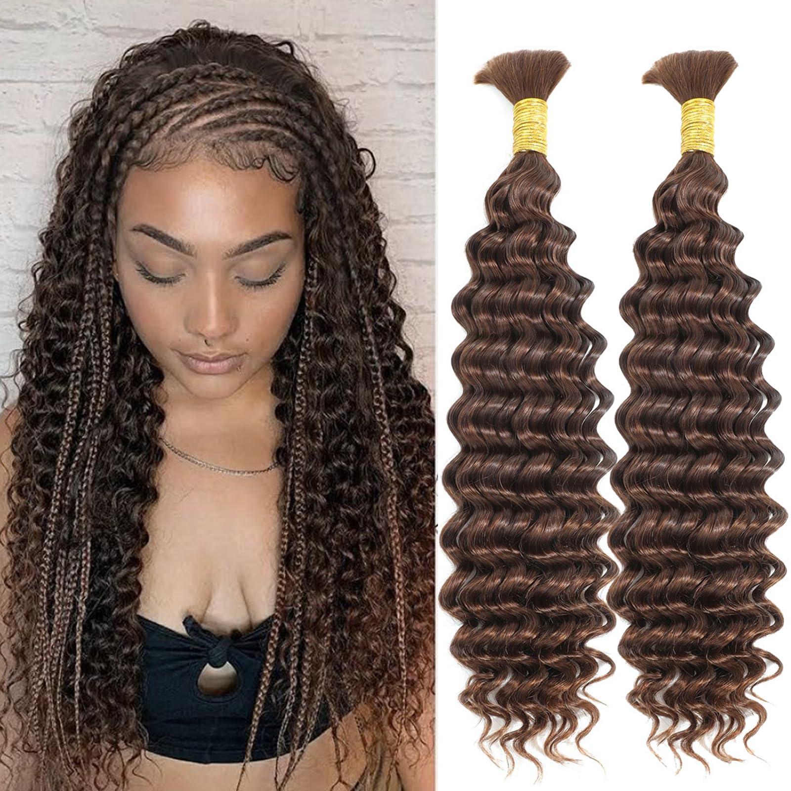 Beaushine Beaushine Human Braiding Hair for Boho Braids, Color 4 Deep Wave Bulk Human Hair for Braiding,22 inch,100g, 12A Grade Chocolate Brown Deep Curly Boho Braids Human Hair