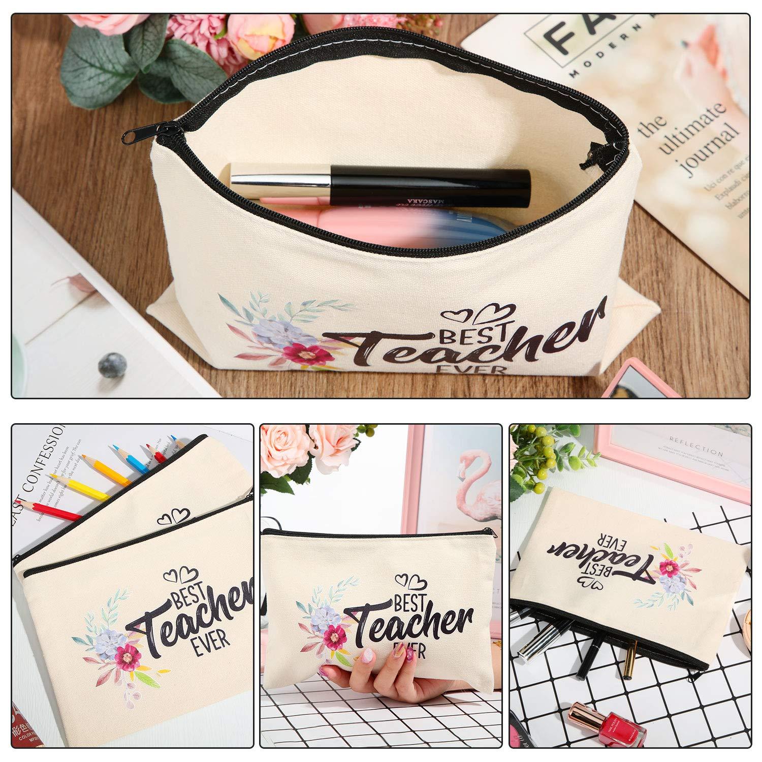 Frienda 12 Pieces Teacher Makeup Pouch Canvas Cosmestic Bag with Zipper Cosmetic Purse Travel Toiletry Case for Teacher Appreciation Gift (ColorfulFlower Pattern)