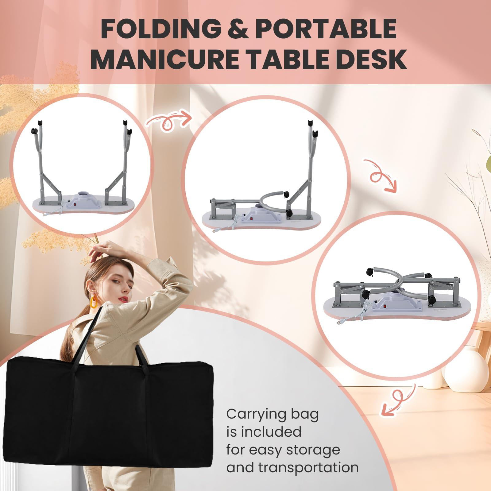 WELLHUT WELLHUT Nail Tech Table Vented Manicure Table w/LED Lamp, Dust Collector, Carry Bag & Soft Cushion, Portable Nail Tables w/Universal Mute Wheels for Nail Lovers Home Spa Beauty Salon