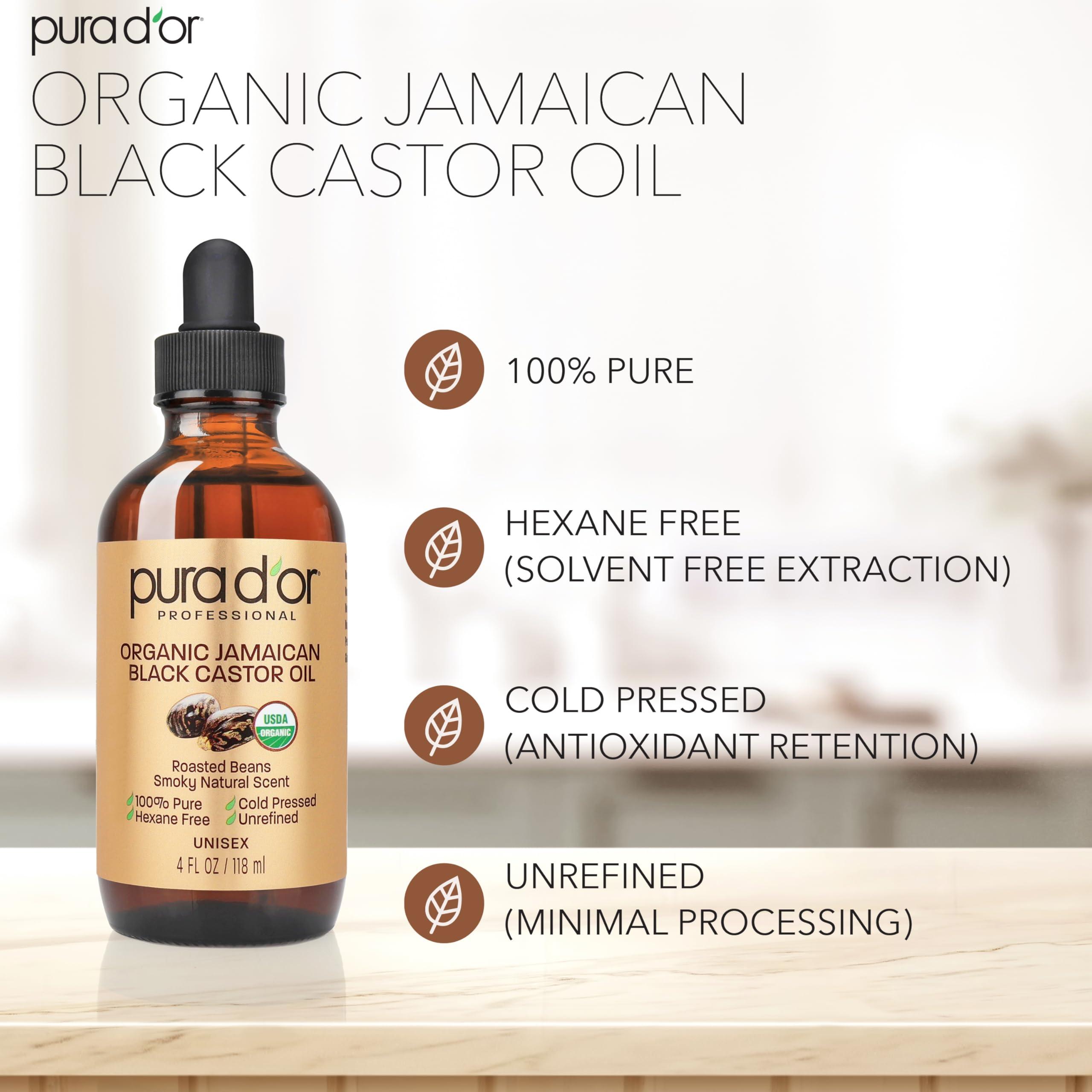 PURA D\'OR PURA D\'OR 4 Oz ORGANIC Jamaican Black Castor Oil - Natural Smoky Scent - w/ 2 BONUS Empty Brushes - 100% Pure USDA Certified Cold Pressed & Roasted, Hexane Free Eyelash & Eyebrow Serum